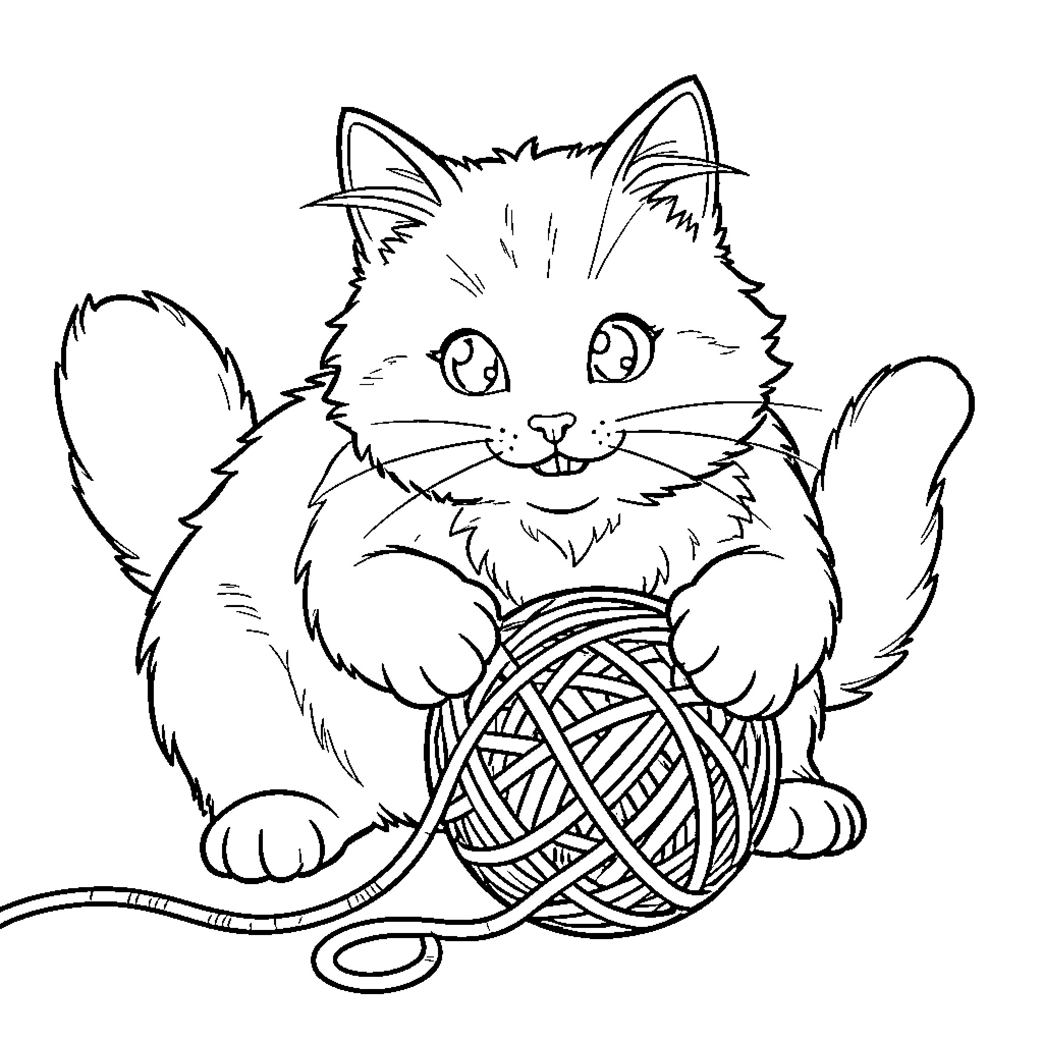 Cat playing with ball of yarn Coloring Page (free black-and-white line drawing printable PDF for all, from beginners to advanced learners, including children, teens, adults, and seniors)
