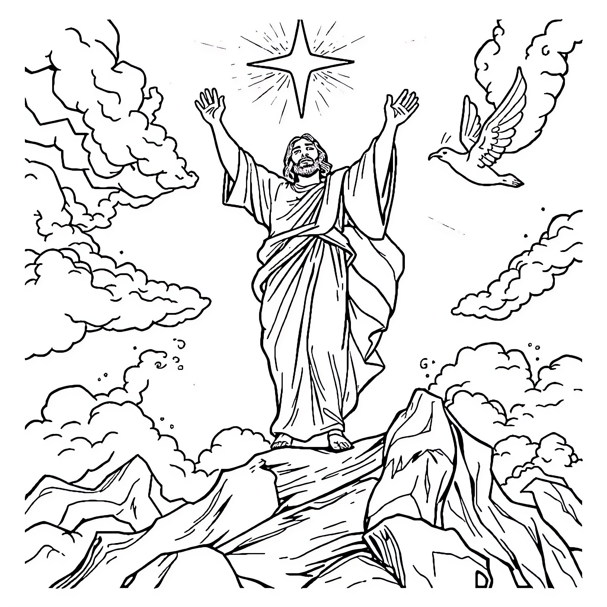 Jesus Rises Gloriously Above the Mountains and Clouds Coloring Page (free black-and-white line drawing printable PDF for all, from beginners to advanced learners, including children, teens, adults, and seniors)