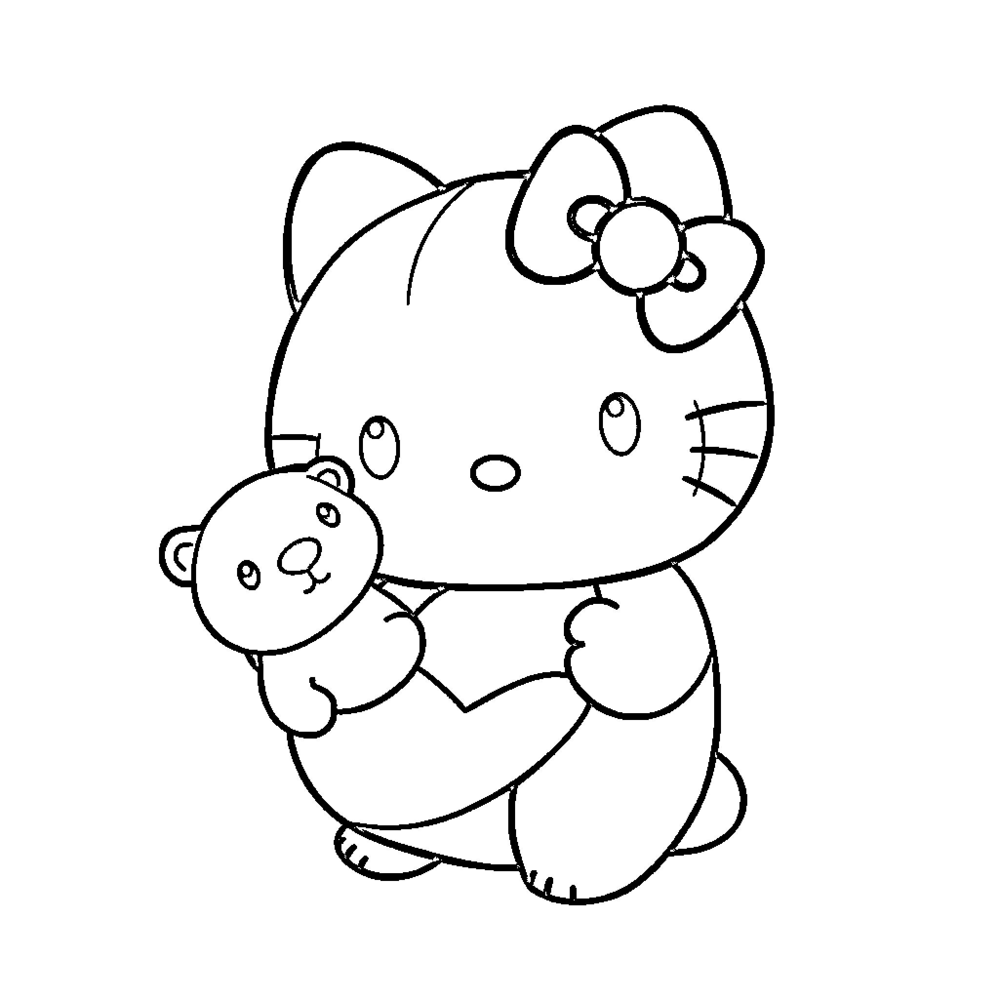 Hello Kitty holding a teddy bear Coloring Page (free black-and-white line drawing printable PDF for all, from beginners to advanced learners, including children, teens, adults, and seniors)