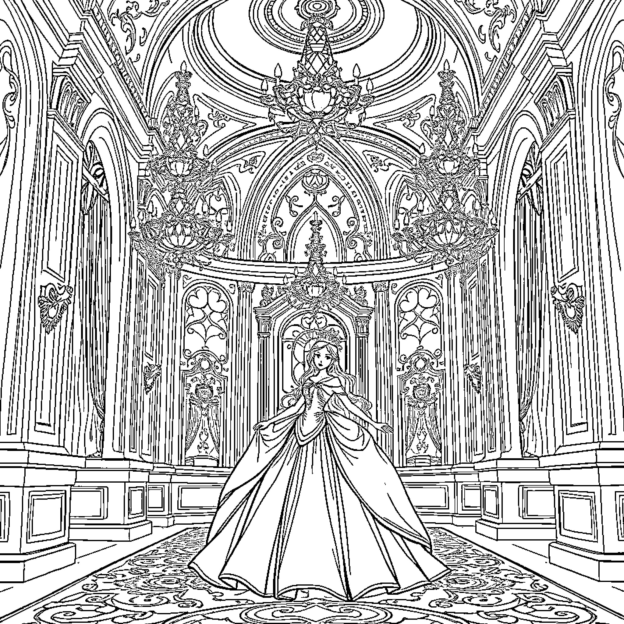 Princess in Elegant Palace Hall Coloring Page (free black-and-white line drawing printable PDF for all, from beginners to advanced learners, including children, teens, adults, and seniors)