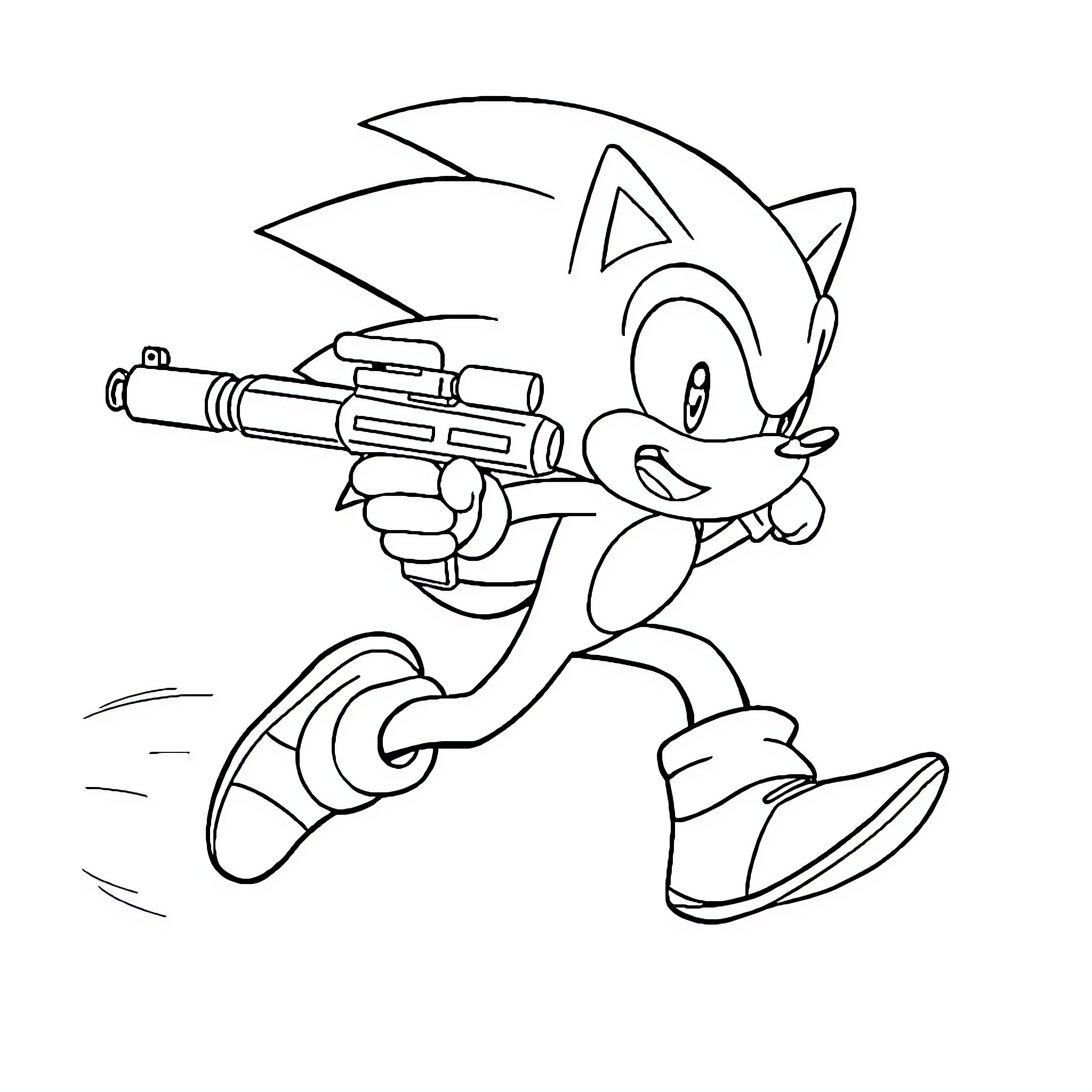 Sonic the Hedgehog running with blaster in action Coloring Page (free black-and-white line drawing printable PDF for all, from beginners to advanced learners, including children, teens, adults, and seniors)