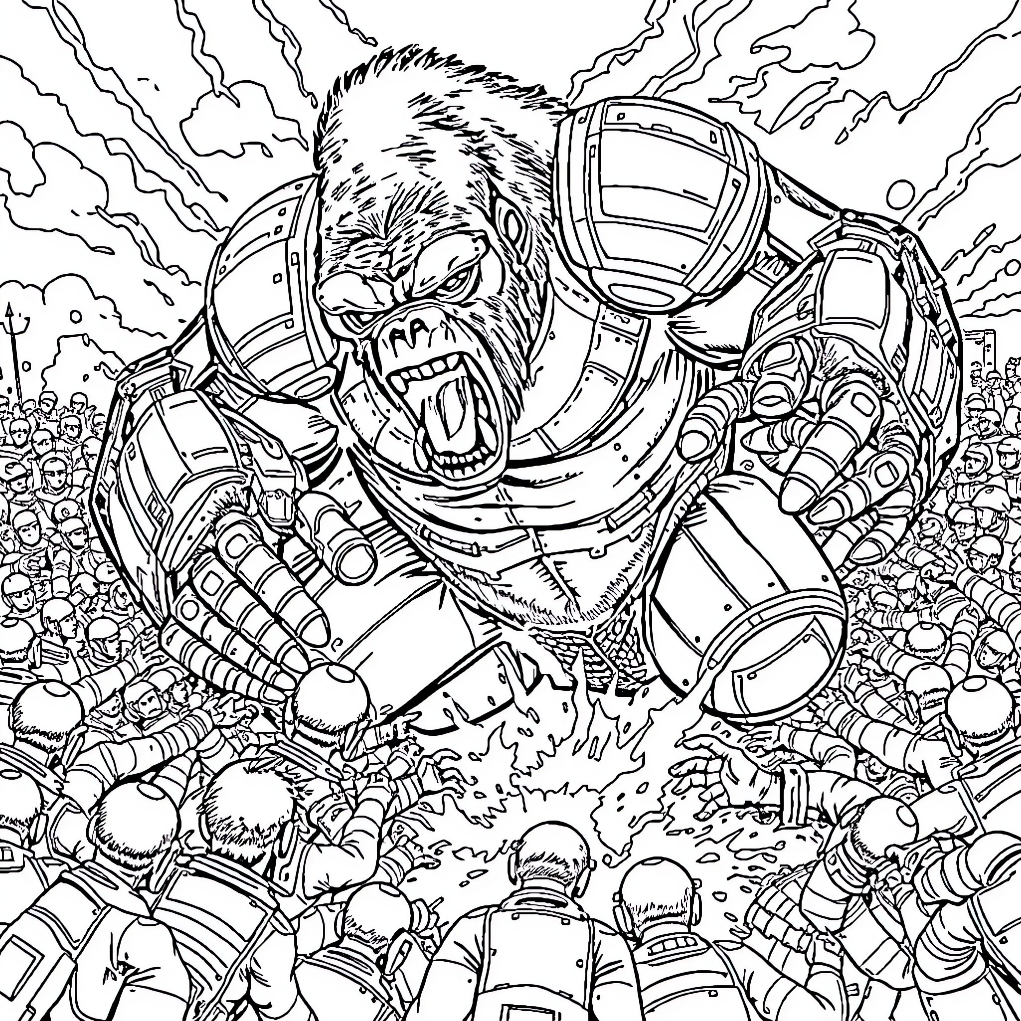 Gorilla Warrior Battles Futuristic Enemies Coloring Page (free black-and-white line drawing printable PDF for all, from beginners to advanced learners, including children, teens, adults, and seniors)