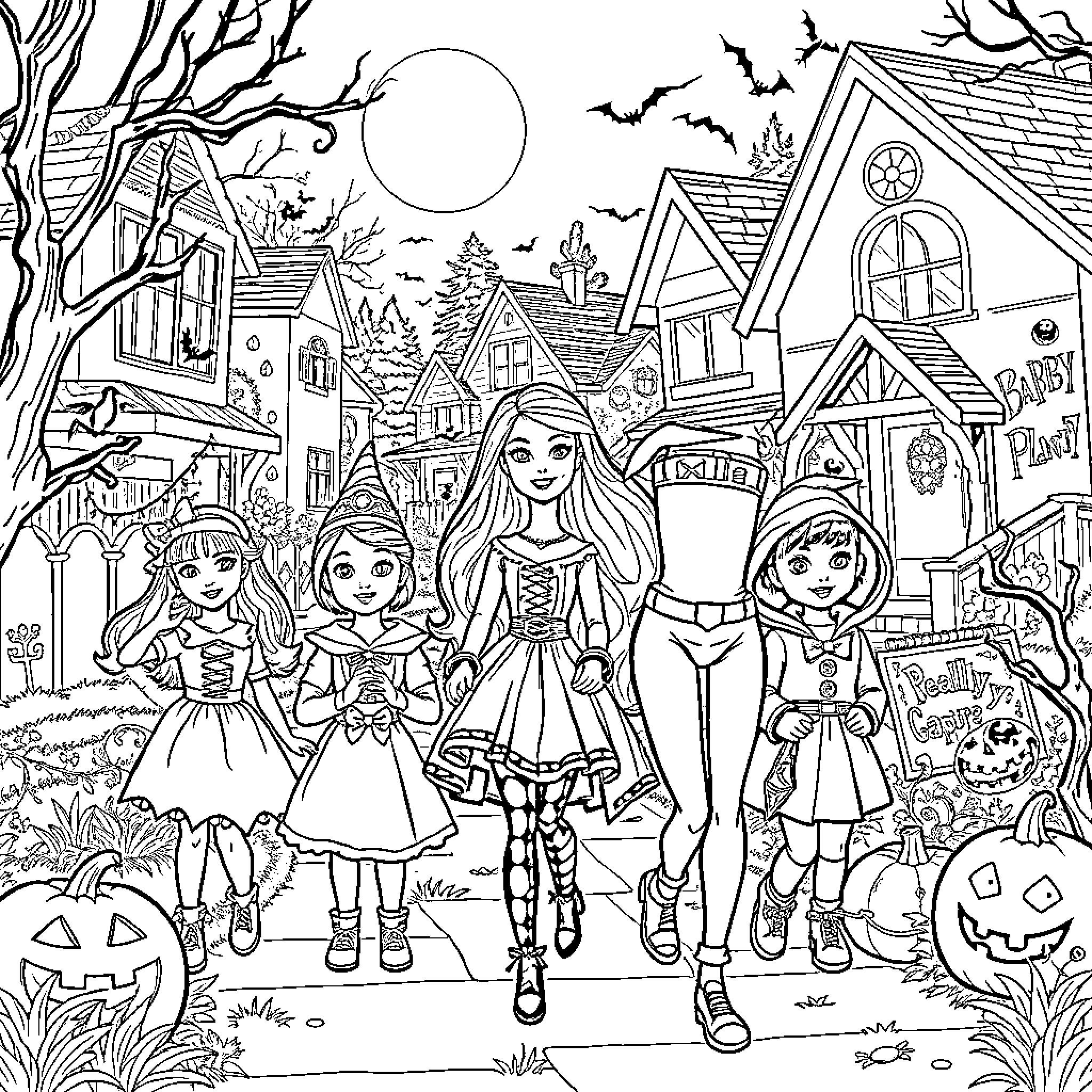 Barbie and friends explore a spooky Halloween town Coloring Page (free black-and-white line drawing printable PDF for all, from beginners to advanced learners, including children, teens, adults, and seniors)