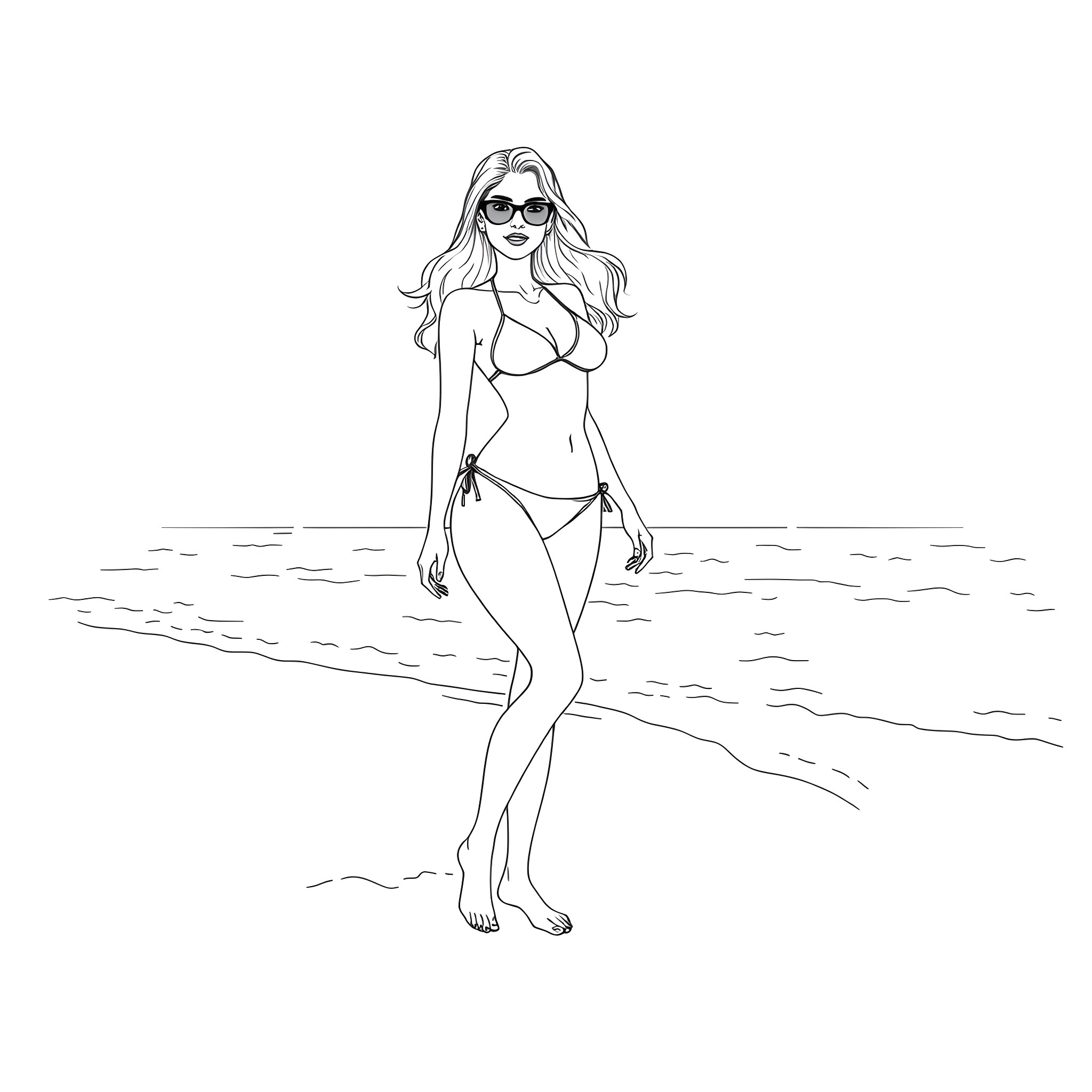 Girl in bikini walking on the beach Coloring Page (free black-and-white line drawing printable PDF for all, from beginners to advanced learners, including children, teens, adults, and seniors)