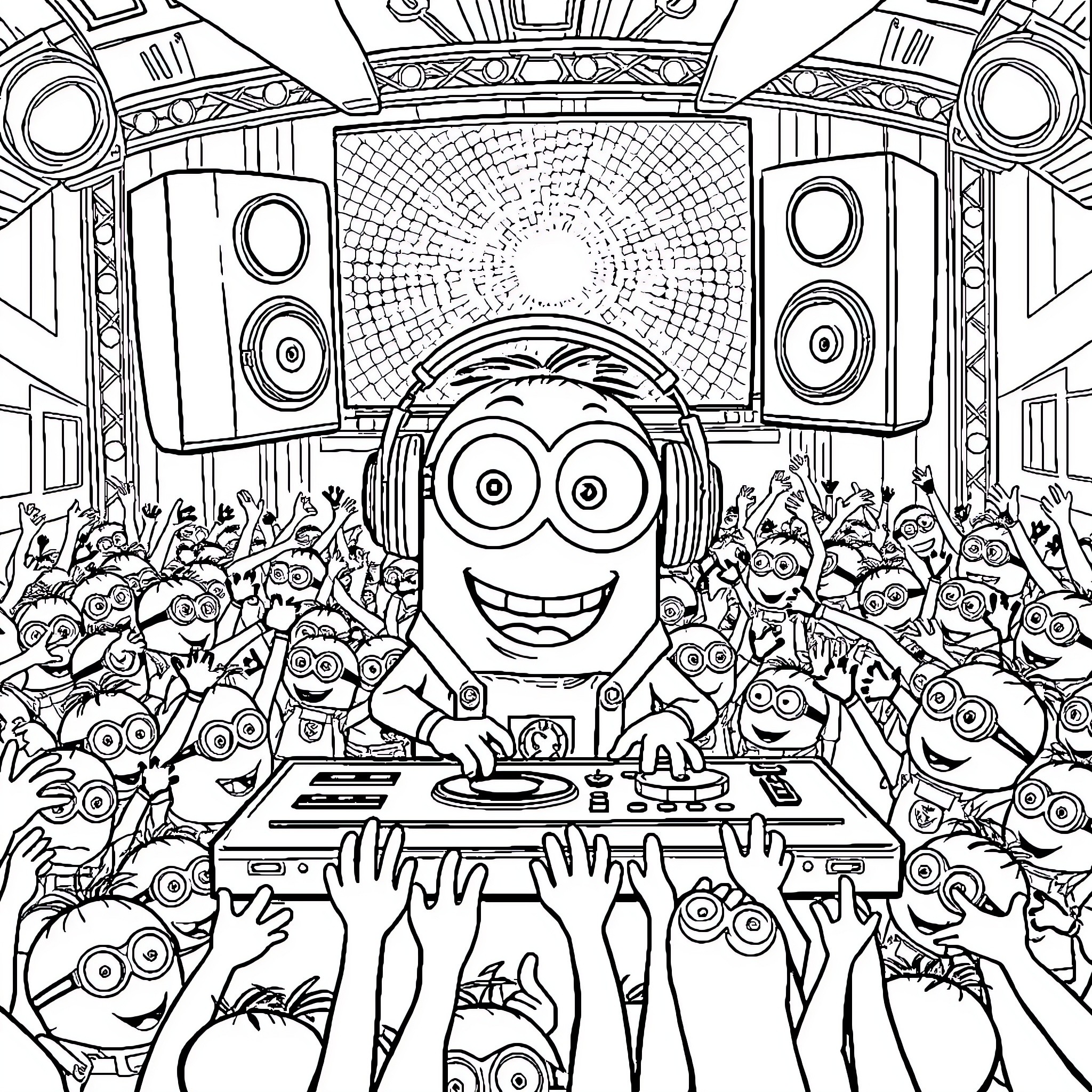 Minion DJ entertaining the crowd at a music festival Coloring Page (free black-and-white line drawing printable PDF for all, from beginners to advanced learners, including children, teens, adults, and seniors)