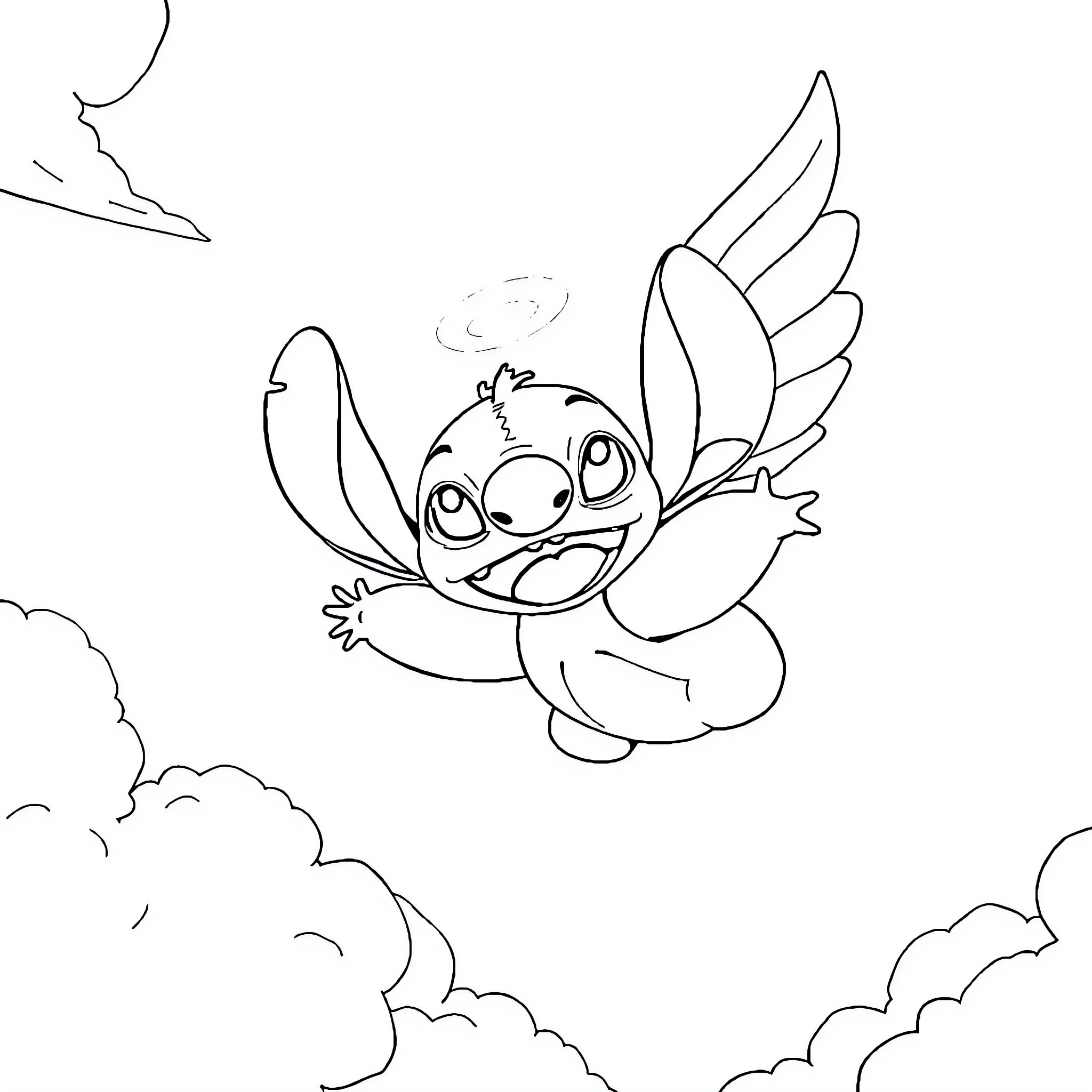 Stitch soaring through the clouds happily Coloring Page (free black-and-white line drawing printable PDF for all, from beginners to advanced learners, including children, teens, adults, and seniors)