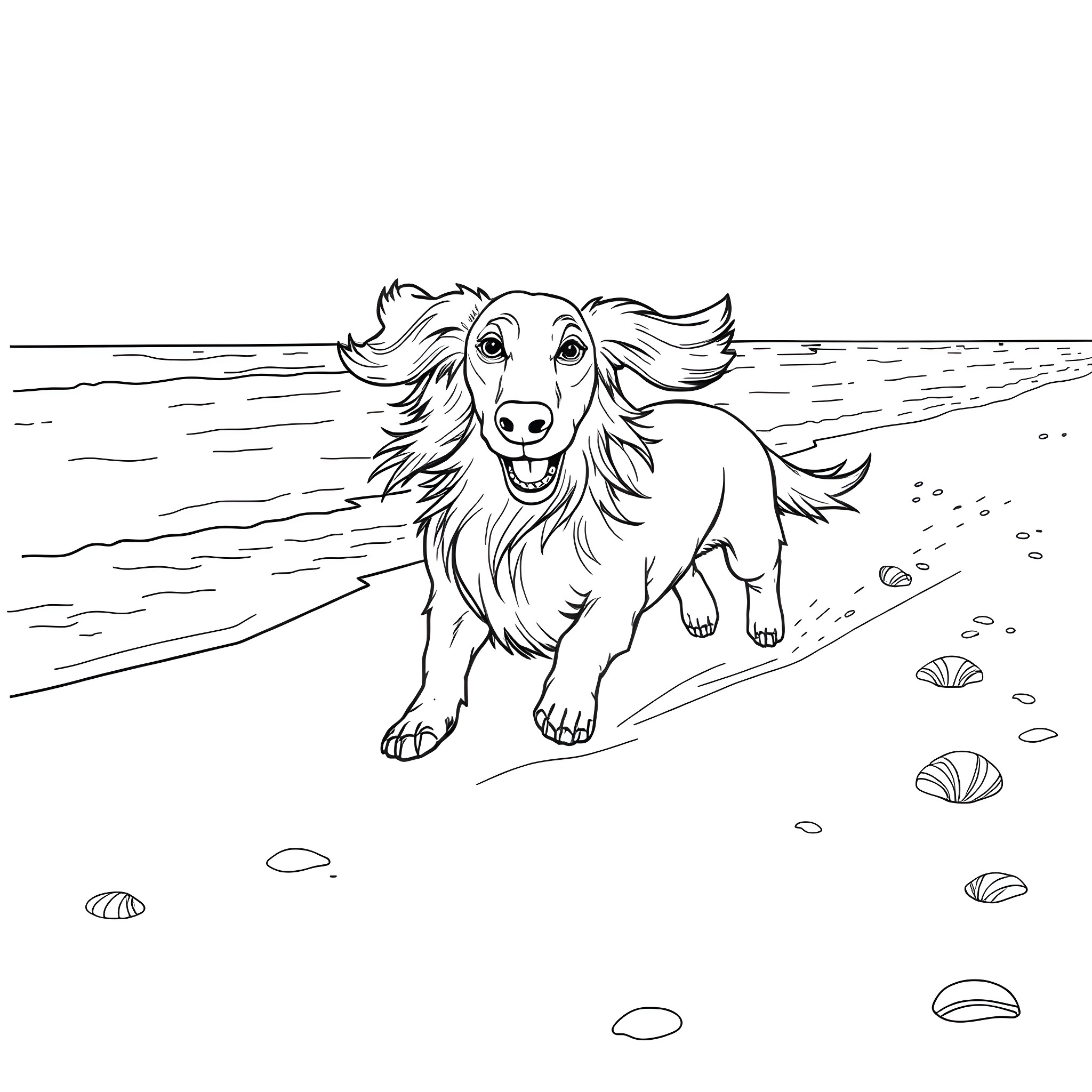 Dachshund running happily on the beach Coloring Page (free black-and-white line drawing printable PDF for all, from beginners to advanced learners, including children, teens, adults, and seniors)