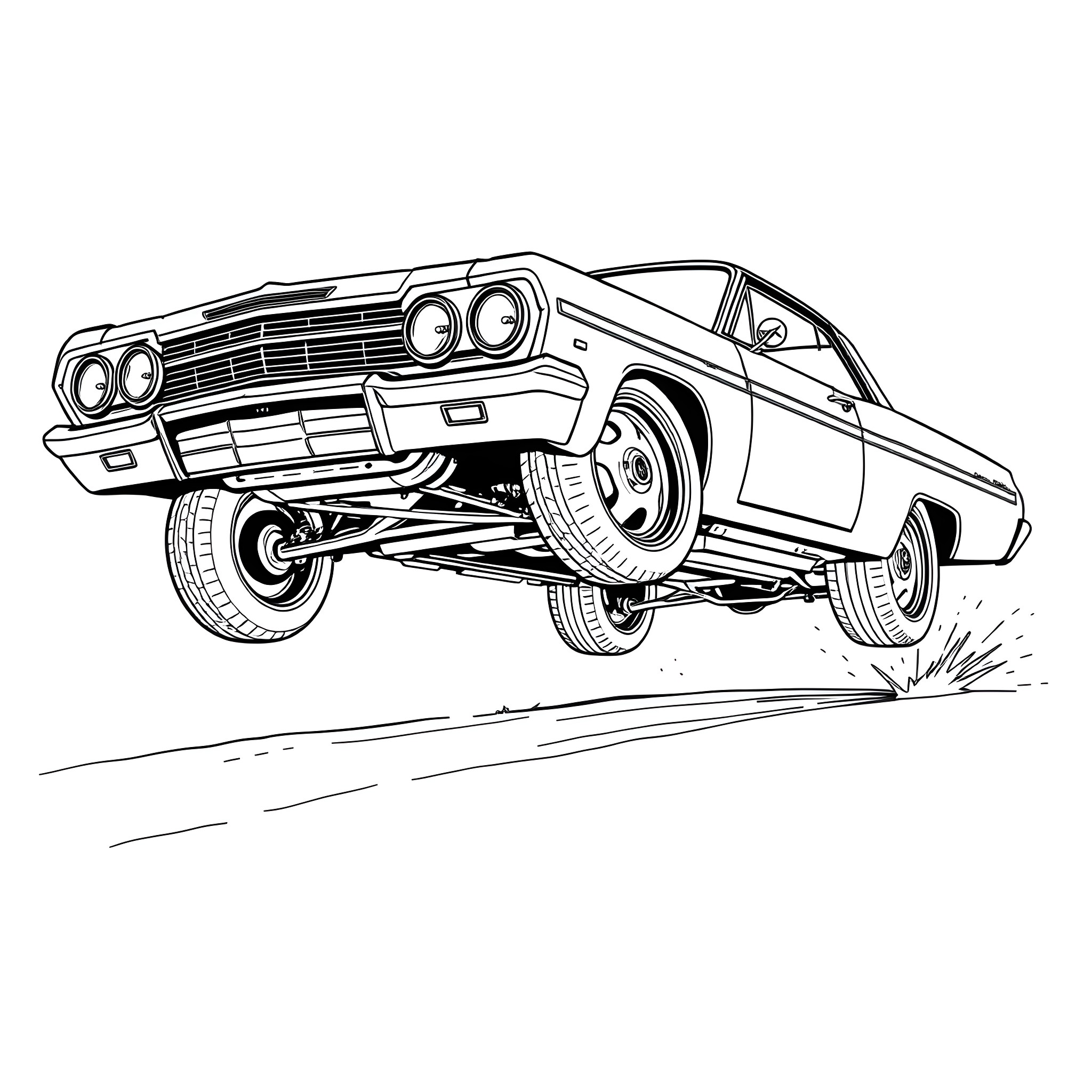 Impala muscle car in mid-air jump Coloring Page (free black-and-white line drawing printable PDF for all, from beginners to advanced learners, including children, teens, adults, and seniors)