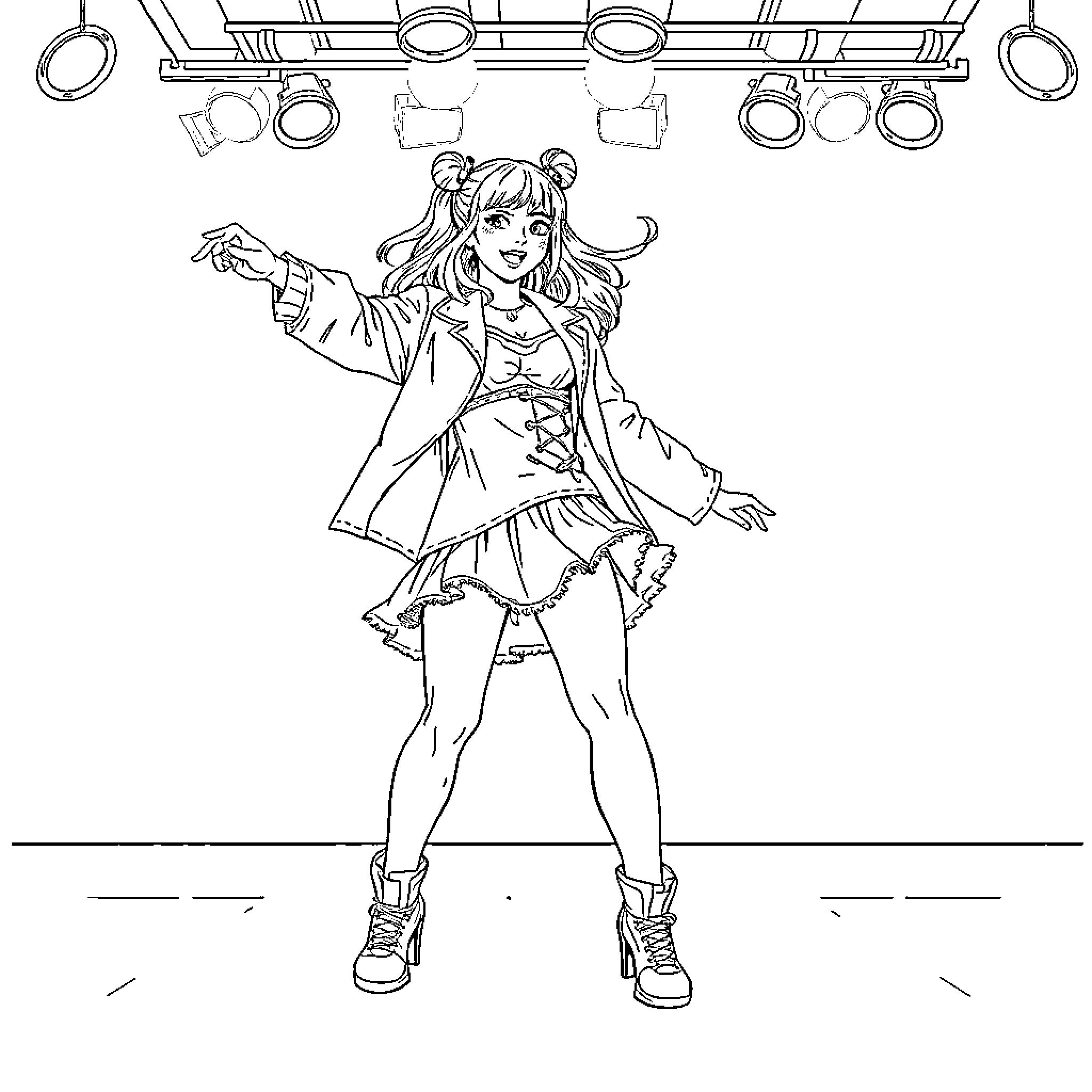 Zoë's Stage Performance with Dramatic Gestures Coloring Page (free black-and-white line drawing printable PDF for all, from beginners to advanced learners, including children, teens, adults, and seniors)
