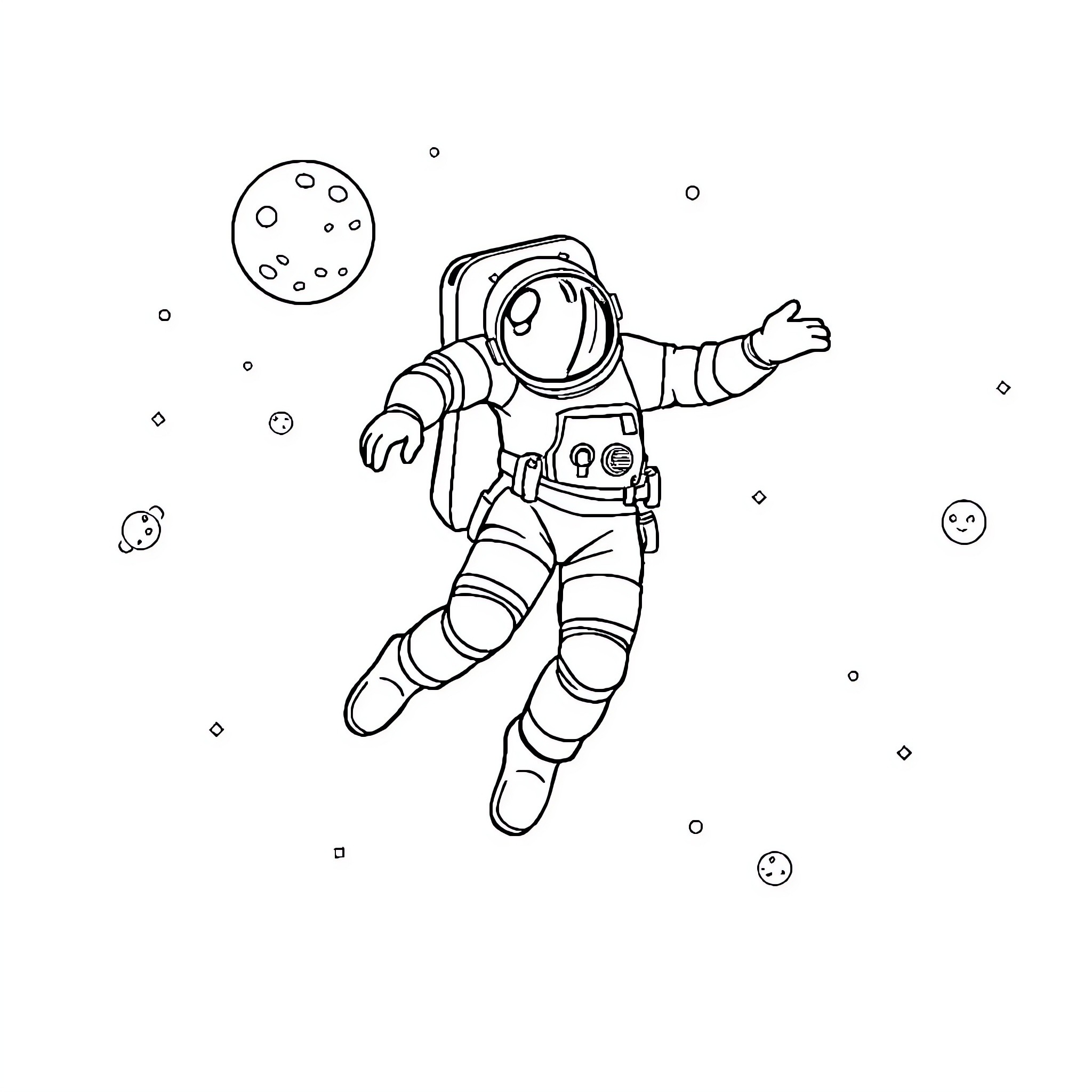 Astronaut floating in space Coloring Page (free black-and-white line drawing printable PDF for all, from beginners to advanced learners, including children, teens, adults, and seniors)
