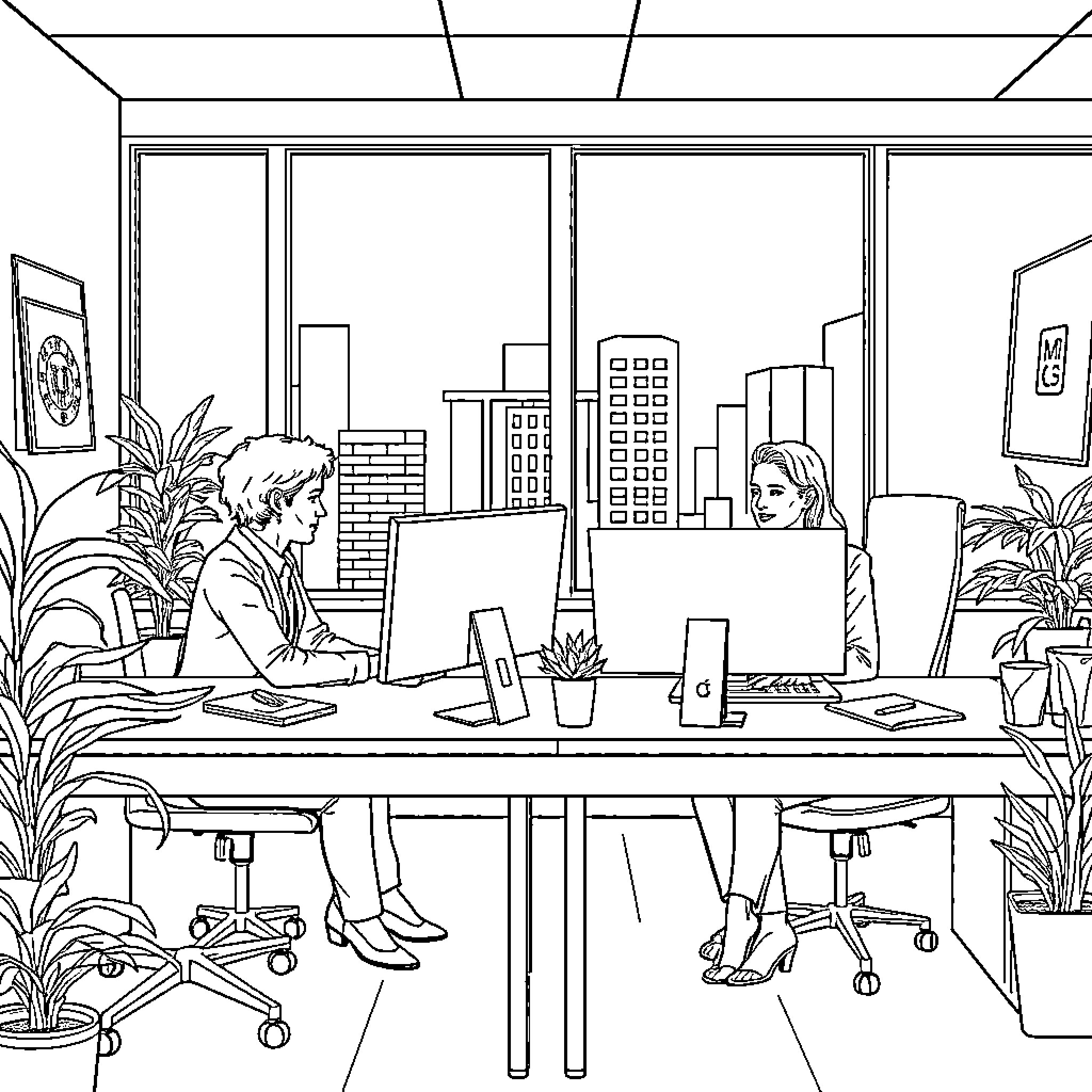 Real Estate Agents Discussing Business in Modern Office Coloring Page (free black-and-white line drawing printable PDF for all, from beginners to advanced learners, including children, teens, adults, and seniors)