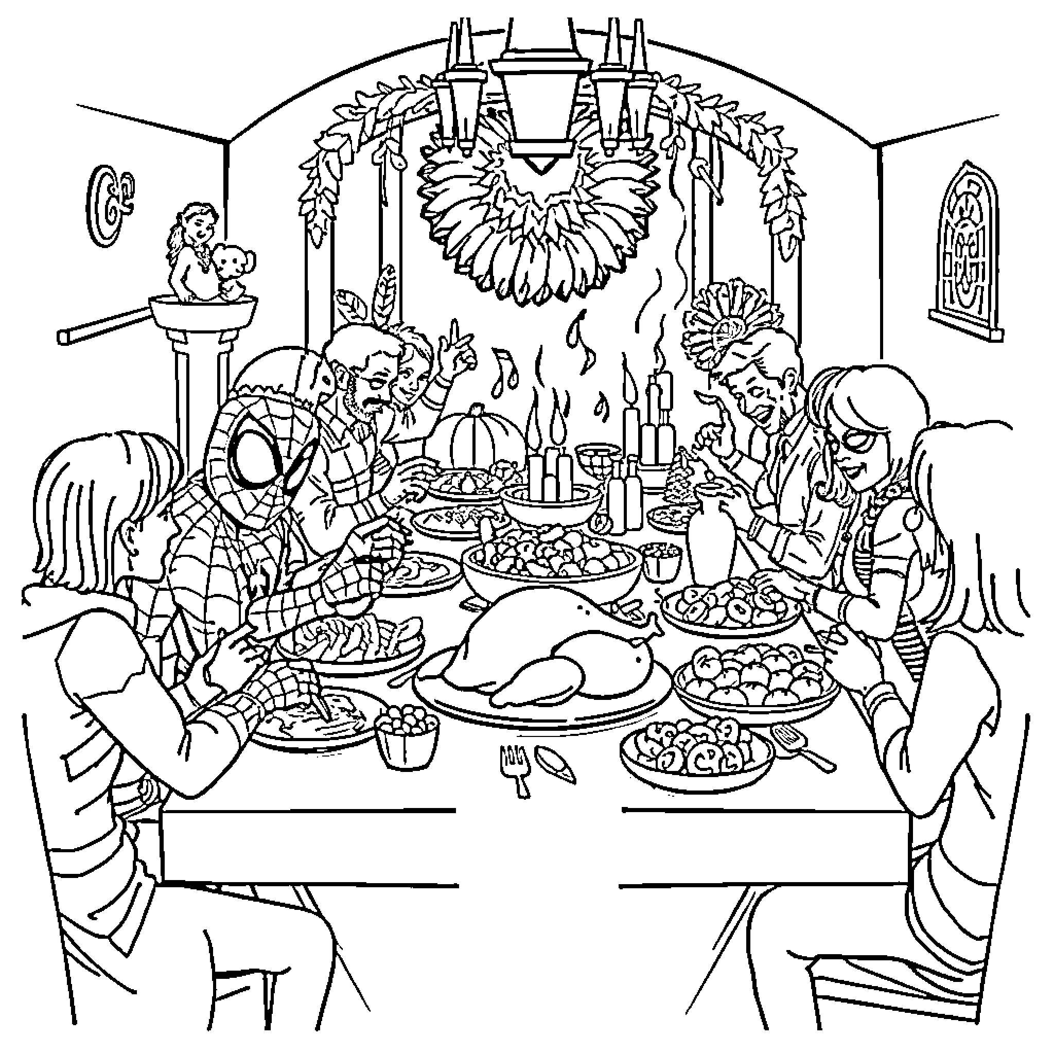 Spiderman enjoying a festive holiday meal with loved ones Coloring Page (free black-and-white line drawing printable PDF for all, from beginners to advanced learners, including children, teens, adults, and seniors)
