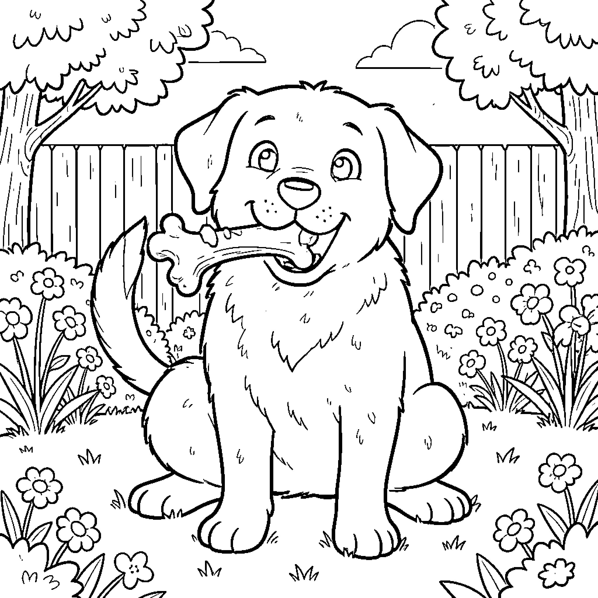 Perro jugando feliz en el parque Coloring Page (free black-and-white line drawing printable PDF for all, from beginners to advanced learners, including children, teens, adults, and seniors)