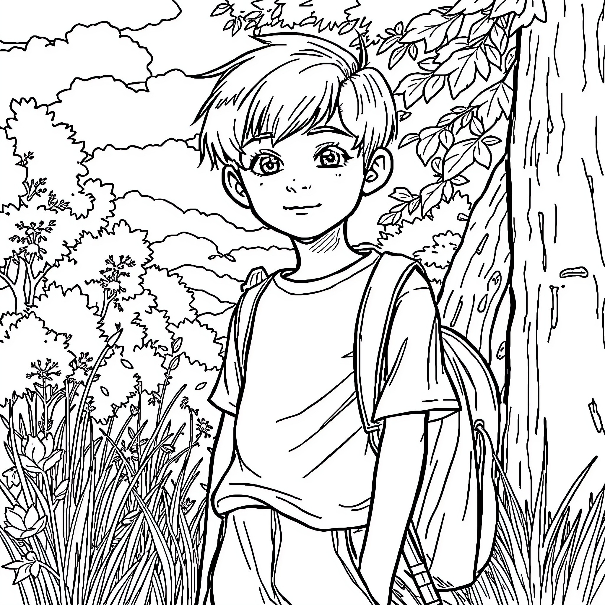 Teen boy exploring the woodland landscape Coloring Page (free black-and-white line drawing printable PDF for all, from beginners to advanced learners, including children, teens, adults, and seniors)