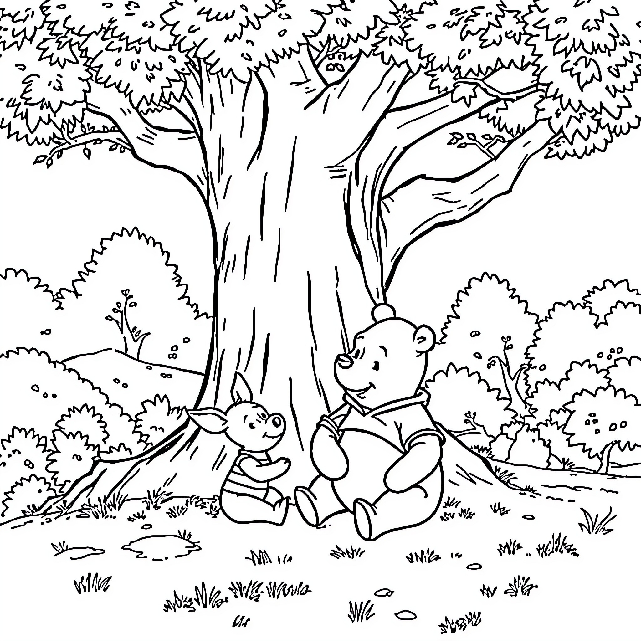 Pooh Bear relaxing in the forest with friends Coloring Page (free black-and-white line drawing printable PDF for all, from beginners to advanced learners, including children, teens, adults, and seniors)