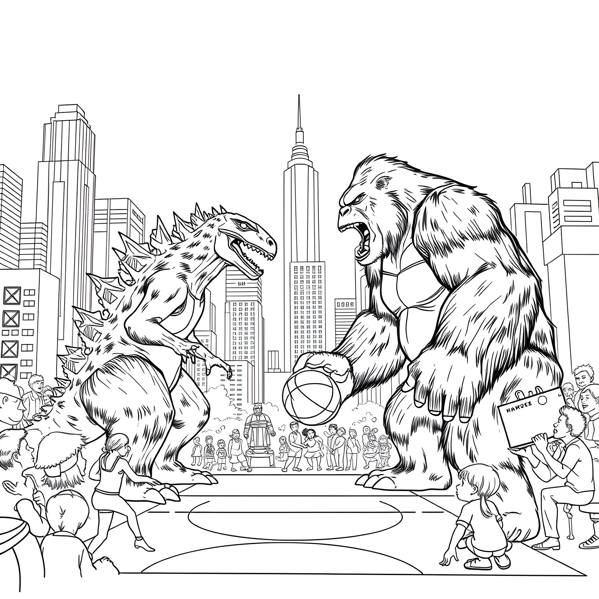 Godzilla and King Kong face off in the city Coloring Page (free black-and-white line drawing printable PDF for all, from beginners to advanced learners, including children, teens, adults, and seniors)