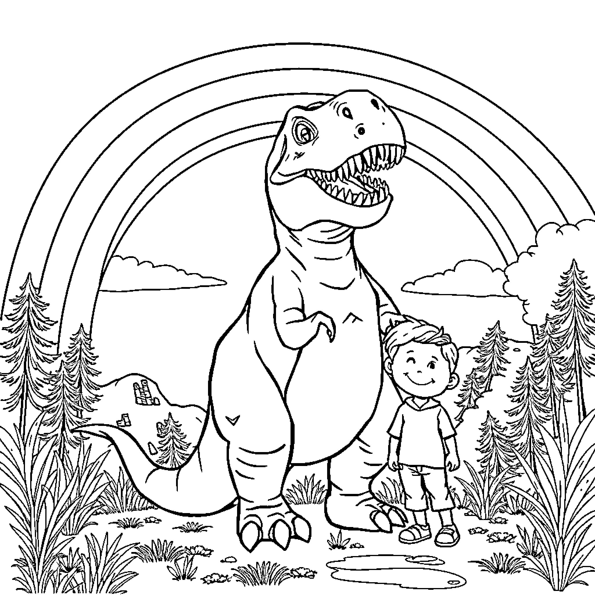 T-Rex and a child explore the prehistoric landscape Coloring Page (free black-and-white line drawing printable PDF for all, from beginners to advanced learners, including children, teens, adults, and seniors)