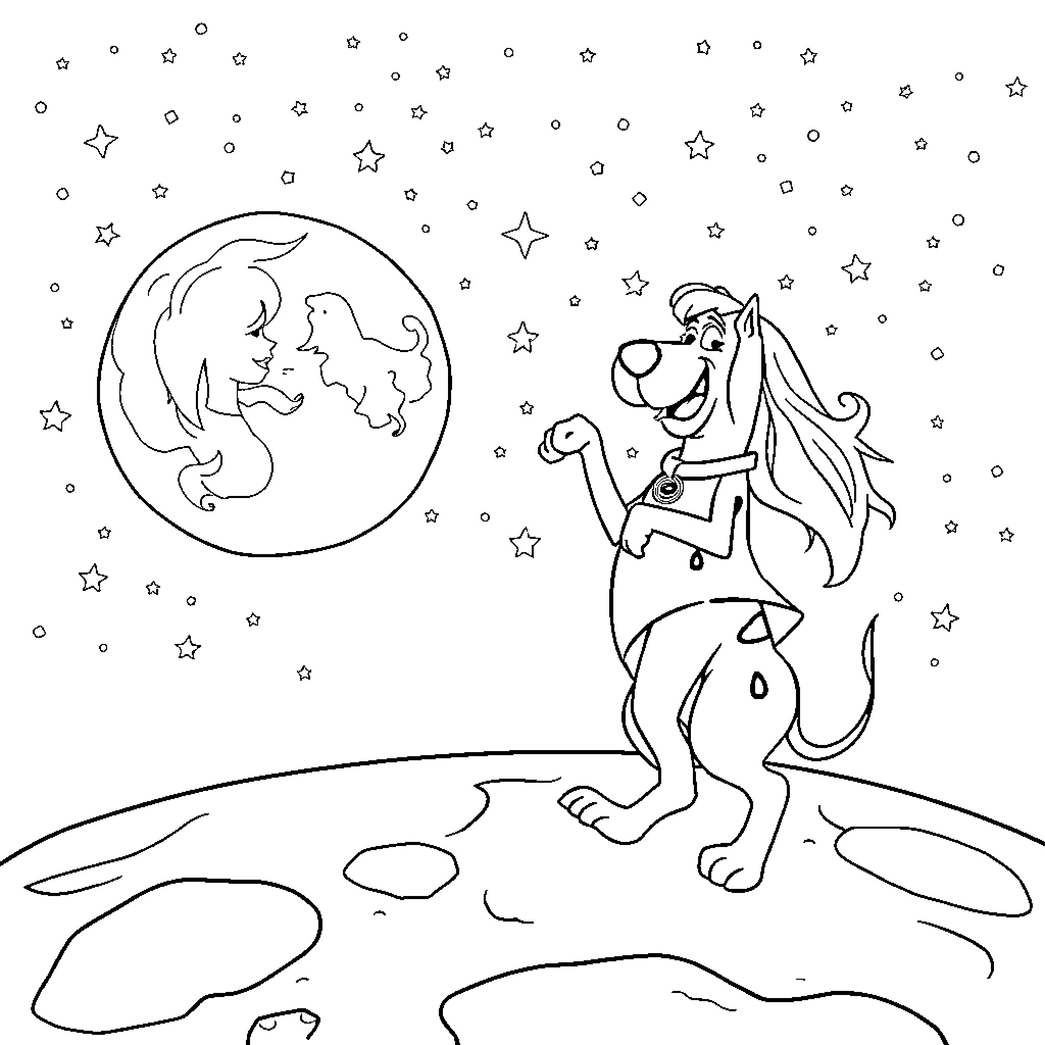 Scooby Doo explores the starry night sky Coloring Page (free black-and-white line drawing printable PDF for all, from beginners to advanced learners, including children, teens, adults, and seniors)