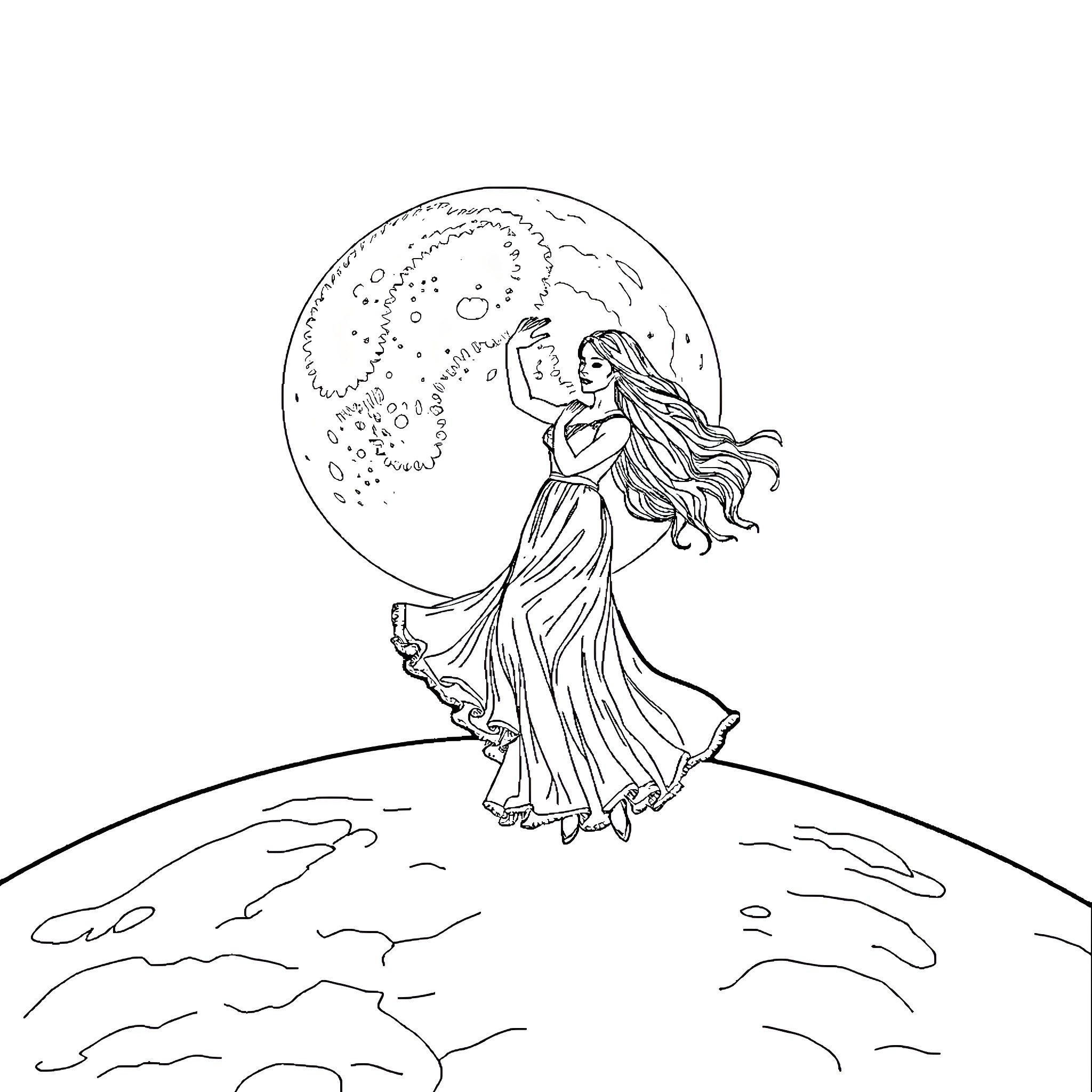 Lana Del Rey dancing under the moonlight Coloring Page (free black-and-white line drawing printable PDF for all, from beginners to advanced learners, including children, teens, adults, and seniors)