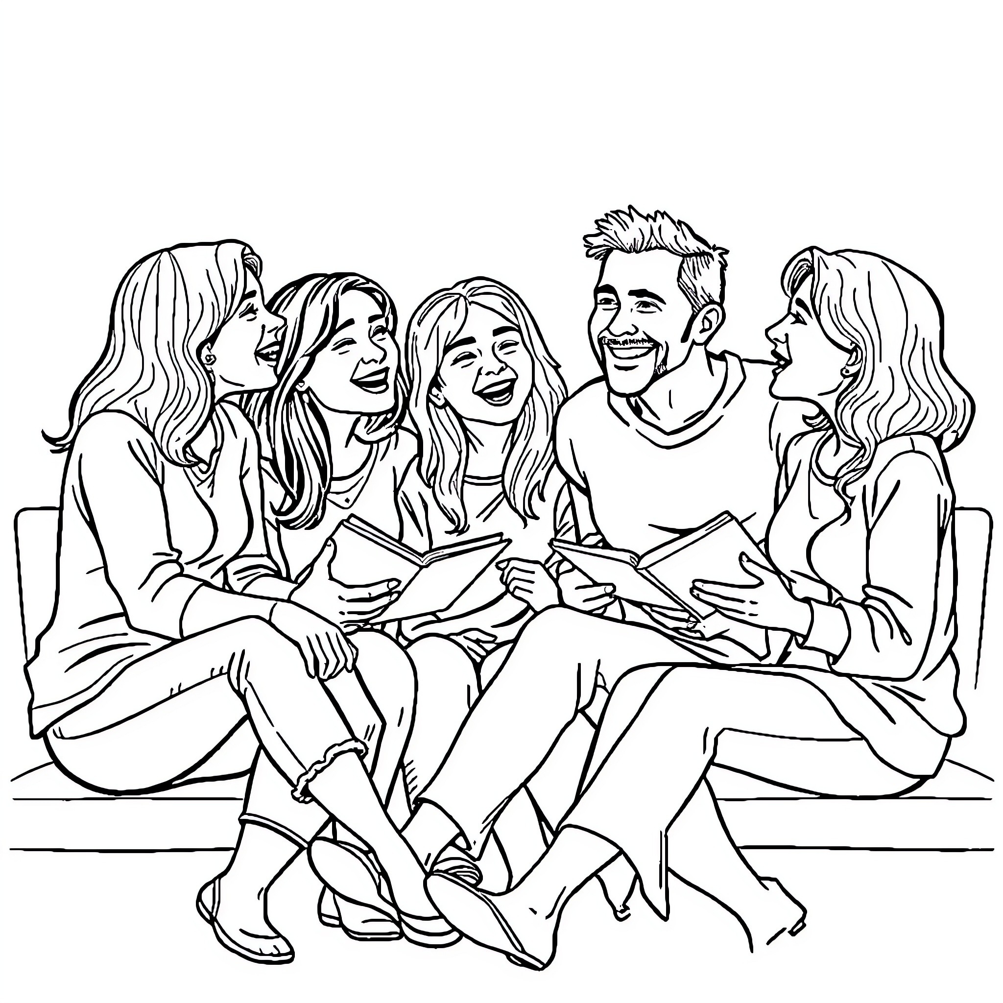 PALS sharing a laugh and good time together Coloring Page (free black-and-white line drawing printable PDF for all, from beginners to advanced learners, including children, teens, adults, and seniors)