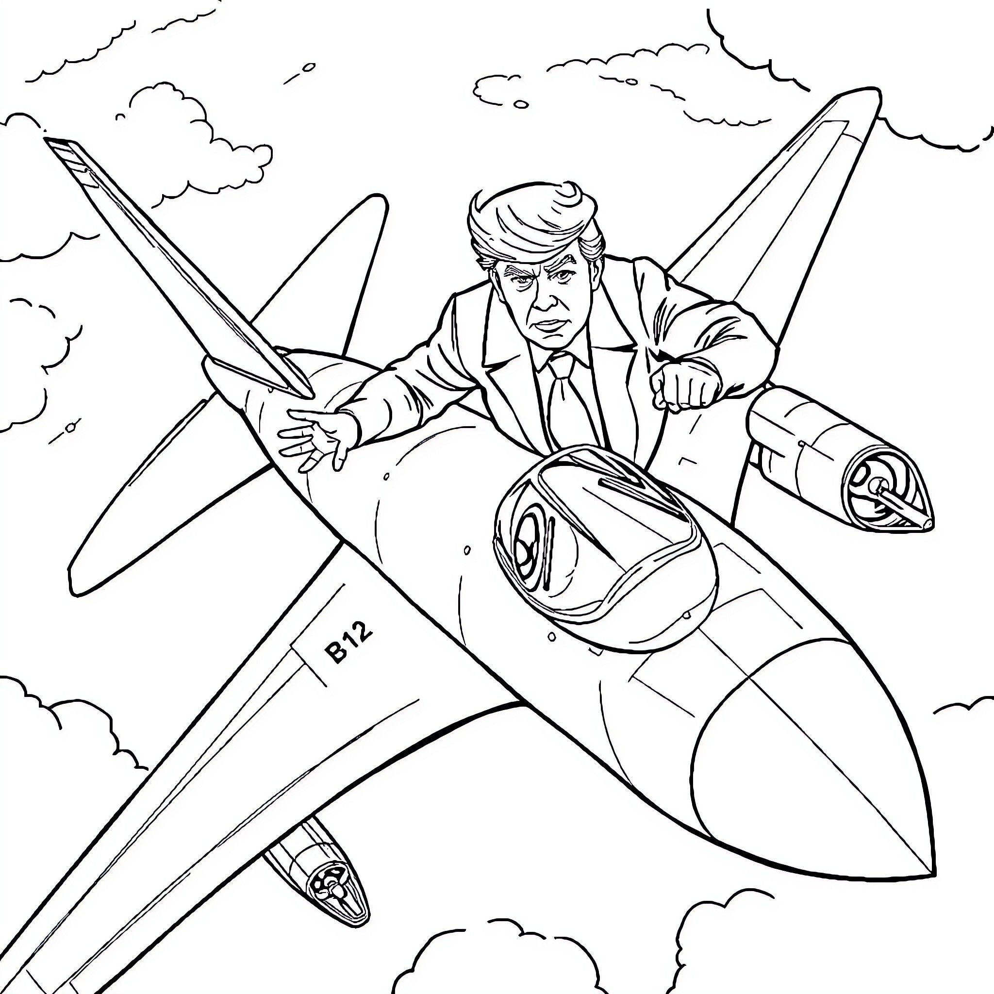 Donald Trump Flying a Jet Fighter Coloring Page (free black-and-white line drawing printable PDF for all, from beginners to advanced learners, including children, teens, adults, and seniors)