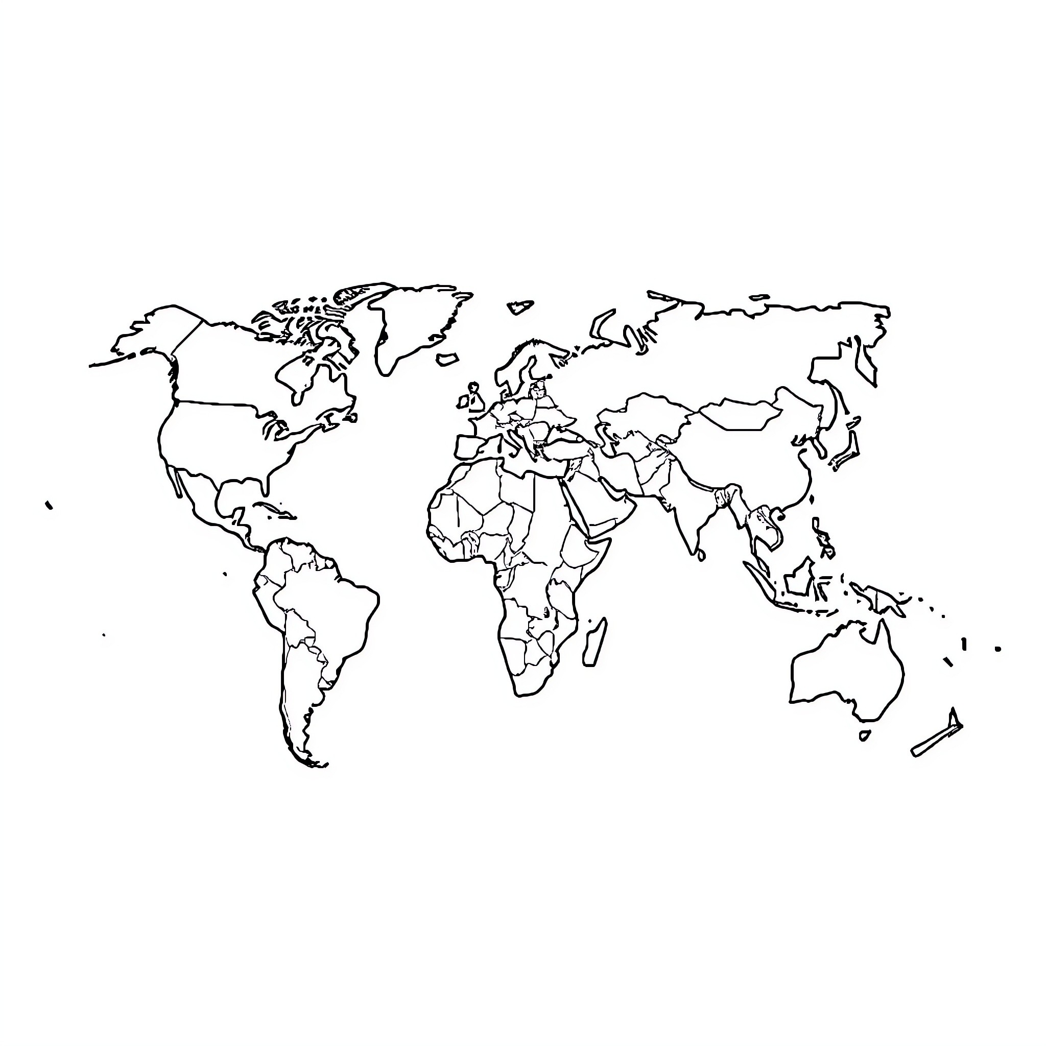 World Map Outline with Continents and Countries Coloring Page (free black-and-white line drawing printable PDF for all, from beginners to advanced learners, including children, teens, adults, and seniors)