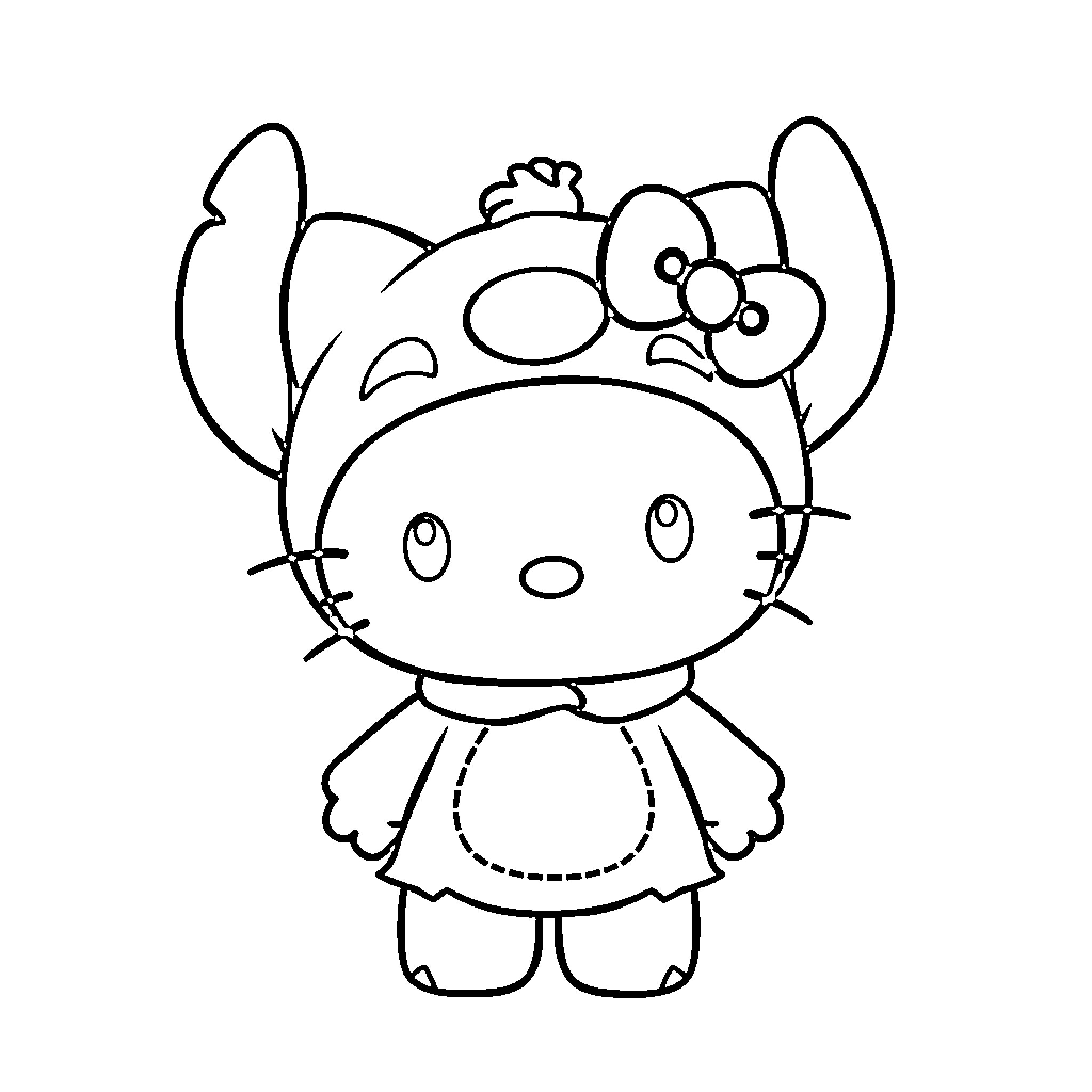 Hello Kitty dressed as Stitch from Lilo & Stitch Coloring Page (free black-and-white line drawing printable PDF for all, from beginners to advanced learners, including children, teens, adults, and seniors)