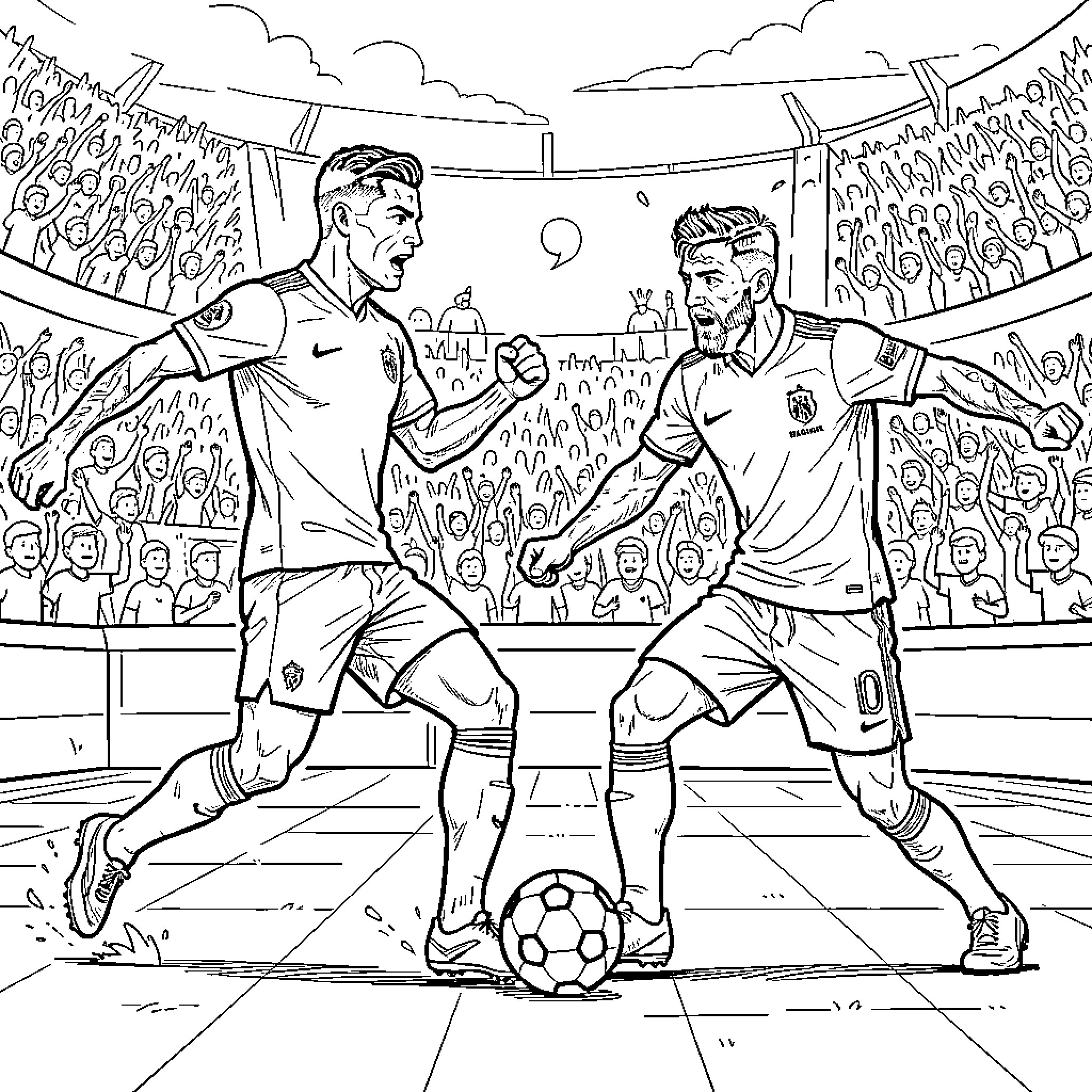 Cristiano Ronaldo playing soccer in a crowded stadium Coloring Page (free black-and-white line drawing printable PDF for all, from beginners to advanced learners, including children, teens, adults, and seniors)