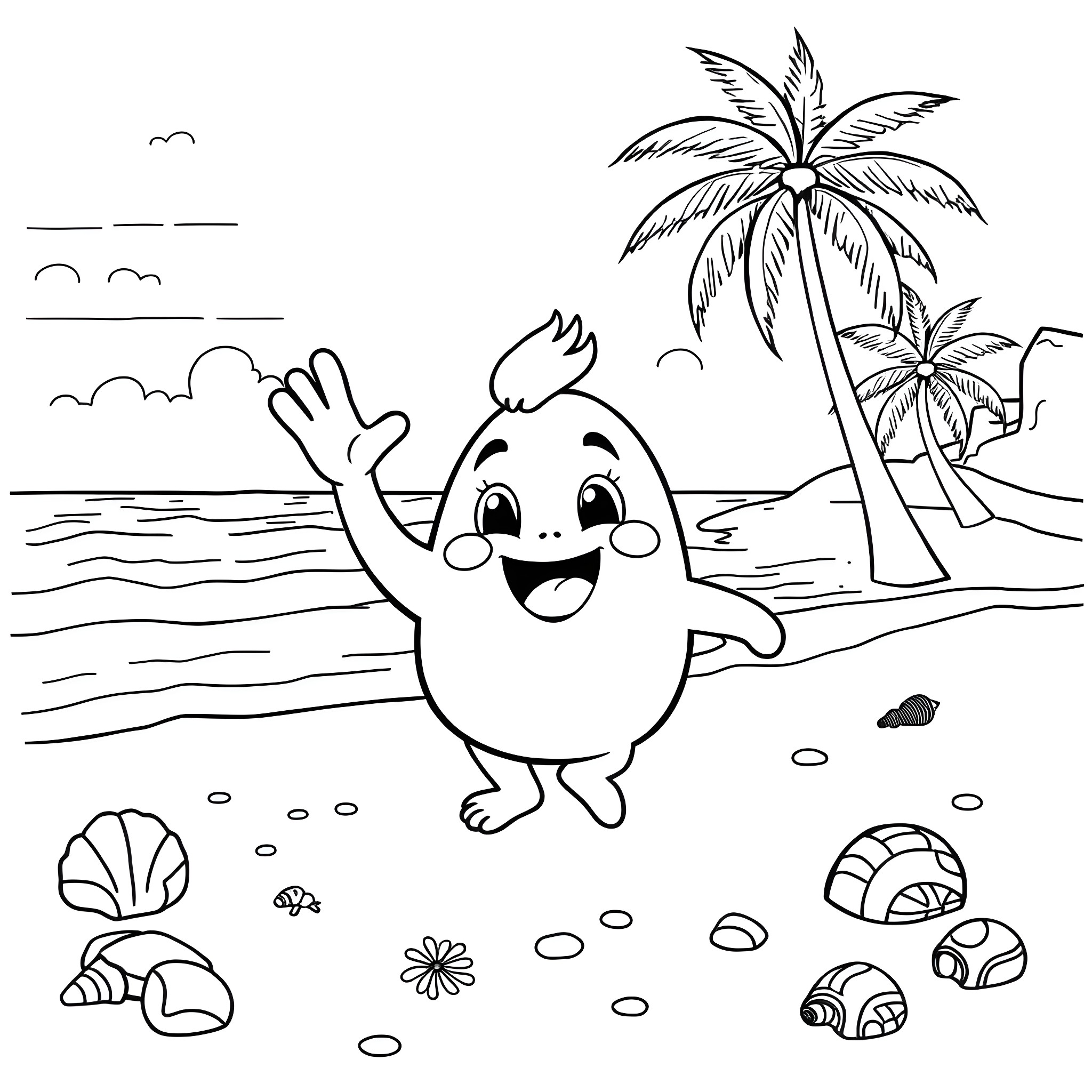 Jumba Jookiba enjoying a beachside adventure Coloring Page (free black-and-white line drawing printable PDF for all, from beginners to advanced learners, including children, teens, adults, and seniors)