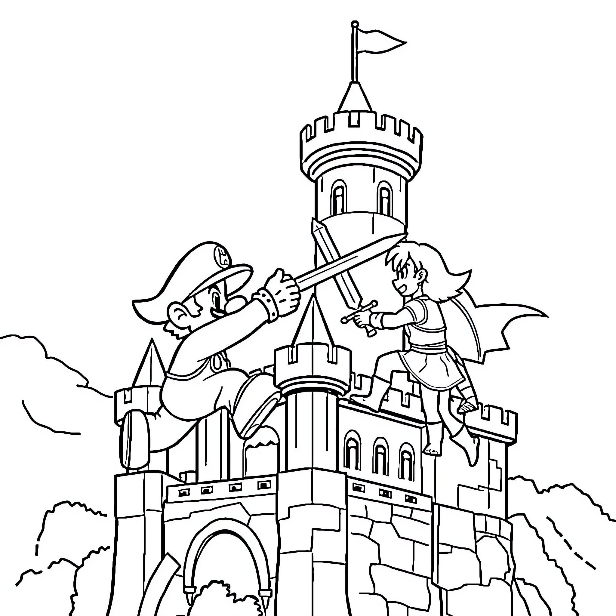 Mario's Castle Adventure with Princess Coloring Page (free black-and-white line drawing printable PDF for all, from beginners to advanced learners, including children, teens, adults, and seniors)