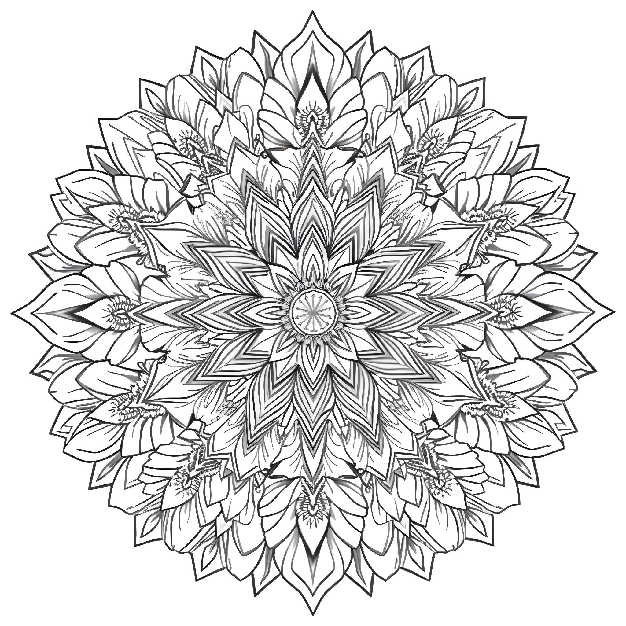 Sunflower Mandala Patterns in Black and White Coloring Page (free black-and-white line drawing printable PDF for all, from beginners to advanced learners, including children, teens, adults, and seniors)
