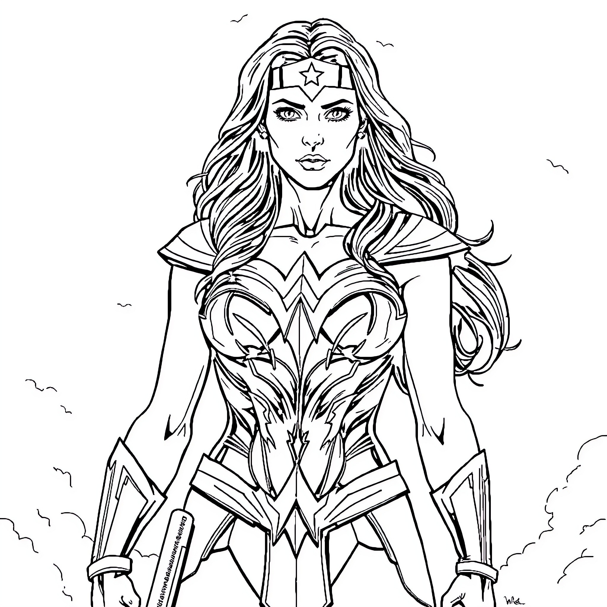 Wonder Woman in powerful superhero pose Coloring Page (free black-and-white line drawing printable PDF for all, from beginners to advanced learners, including children, teens, adults, and seniors)