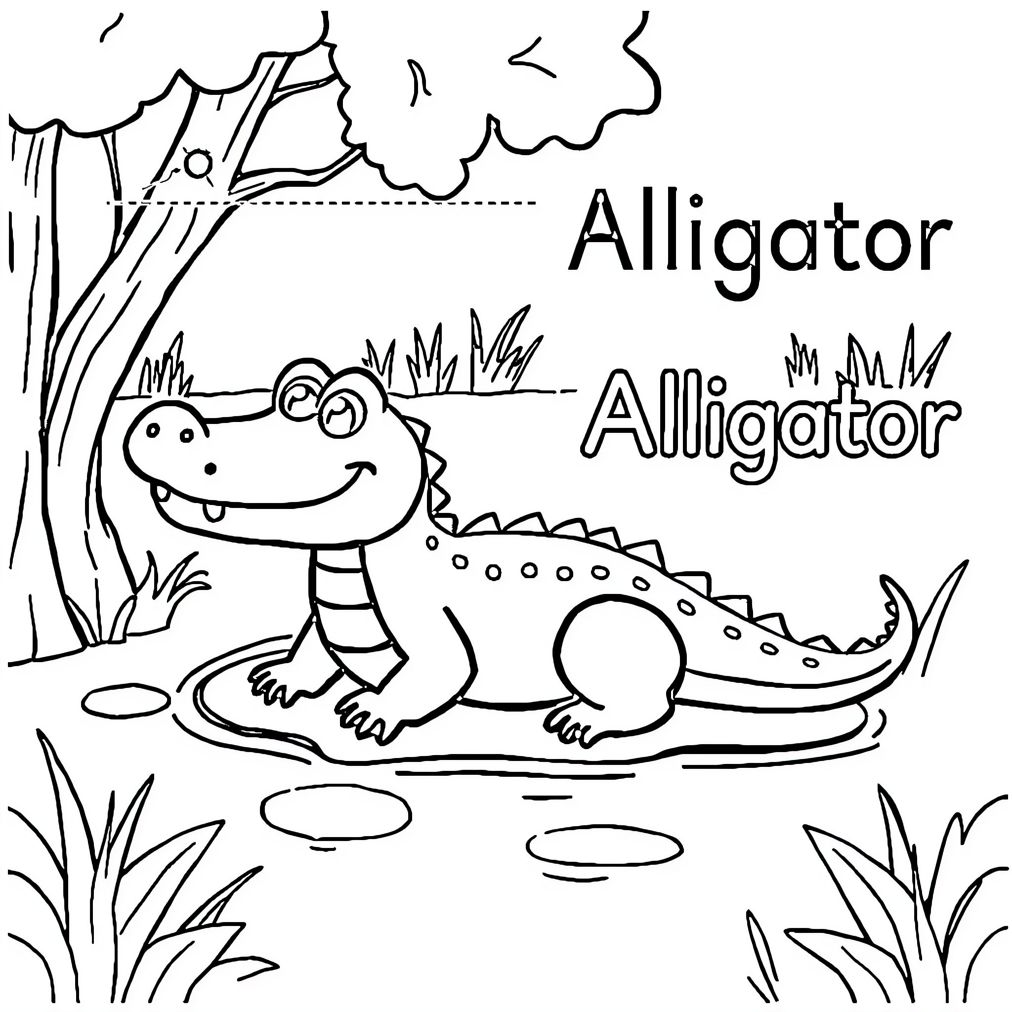 Alligator enjoying the swampy environment Coloring Page (free black-and-white line drawing printable PDF for all, from beginners to advanced learners, including children, teens, adults, and seniors)