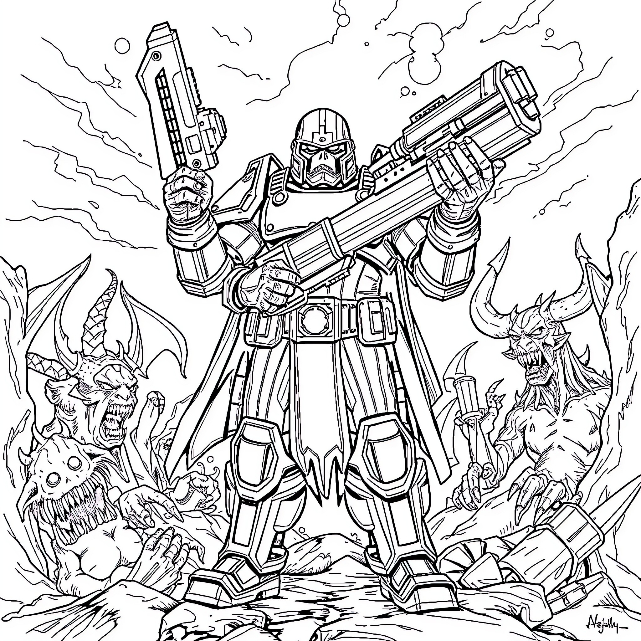 Doom Guy faces demonic foes in epic battle Coloring Page (free black-and-white line drawing printable PDF for all, from beginners to advanced learners, including children, teens, adults, and seniors)