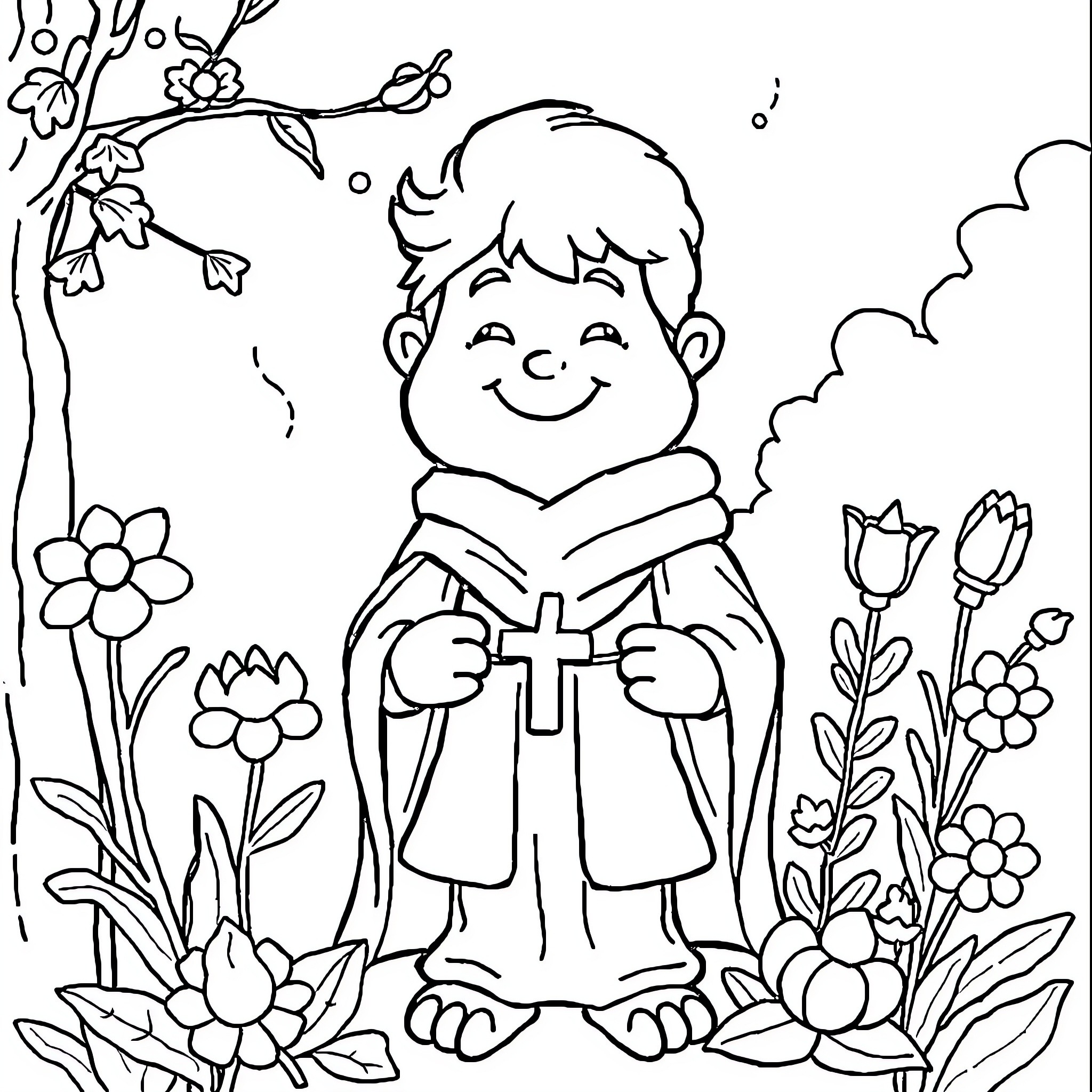 Saint Martin sharing kindness amidst blooming flowers Coloring Page (free black-and-white line drawing printable PDF for all, from beginners to advanced learners, including children, teens, adults, and seniors)