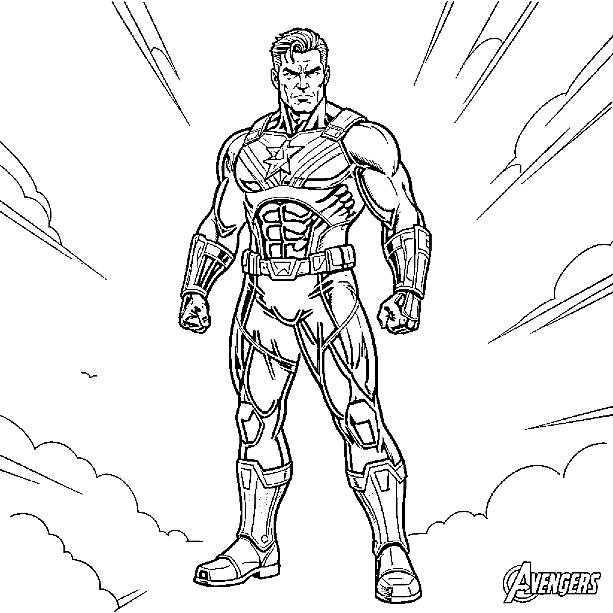 Avenger in heroic action pose with energy powers Coloring Page (free black-and-white line drawing printable PDF for all, from beginners to advanced learners, including children, teens, adults, and seniors)