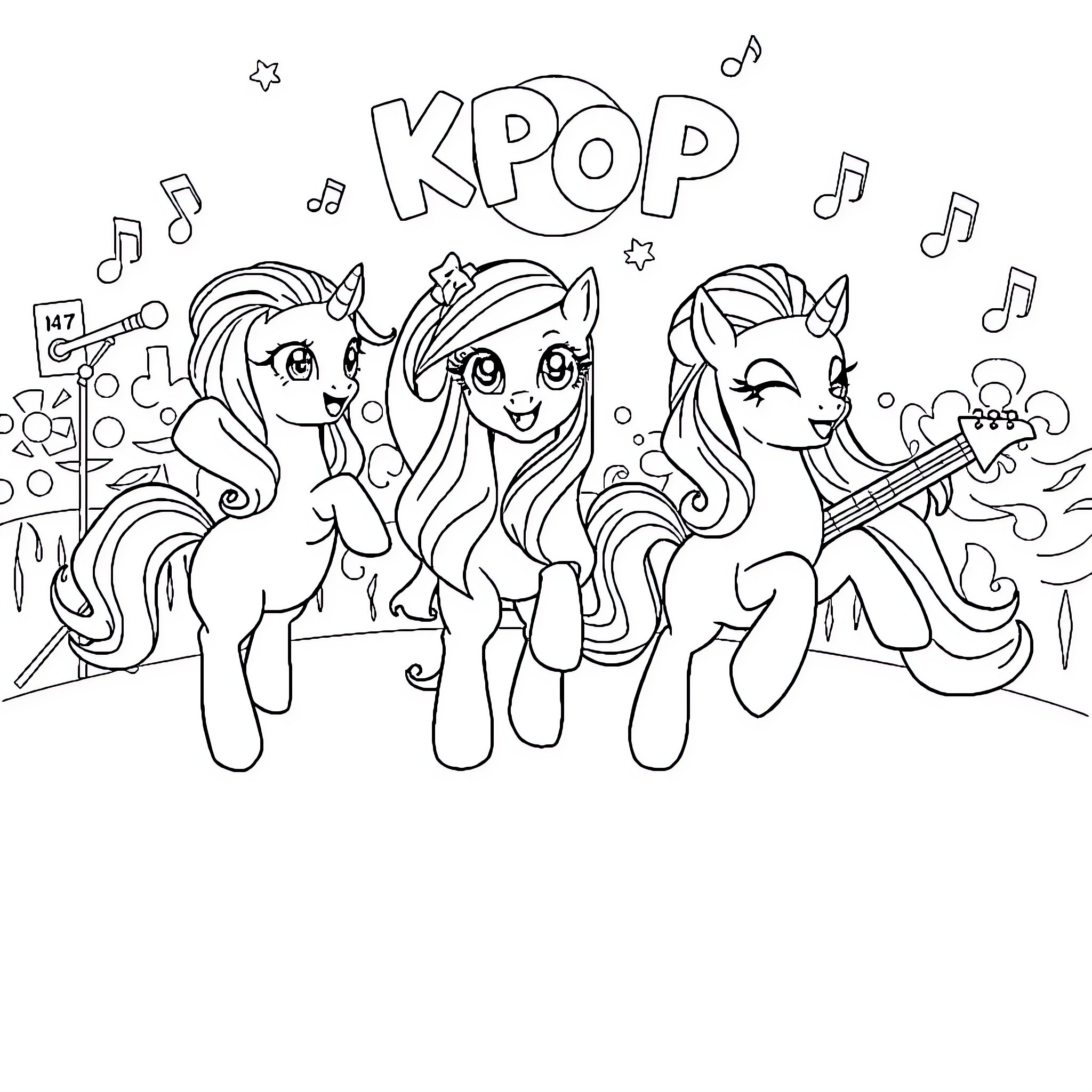 My Little Pony Enjoying KPOP Music and Dance Coloring Page (free black-and-white line drawing printable PDF for all, from beginners to advanced learners, including children, teens, adults, and seniors)