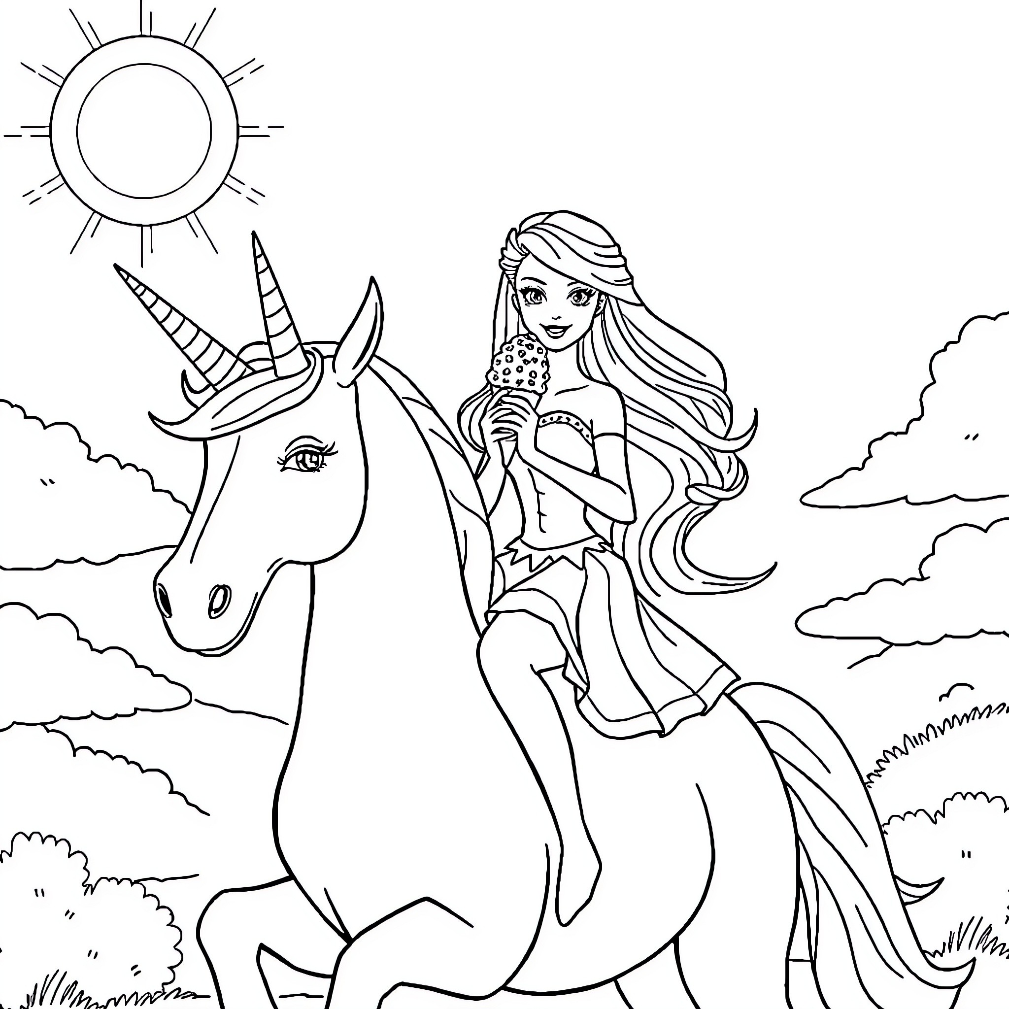 Barbie riding a unicorn in a whimsical landscape Coloring Page (free black-and-white line drawing printable PDF for all, from beginners to advanced learners, including children, teens, adults, and seniors)