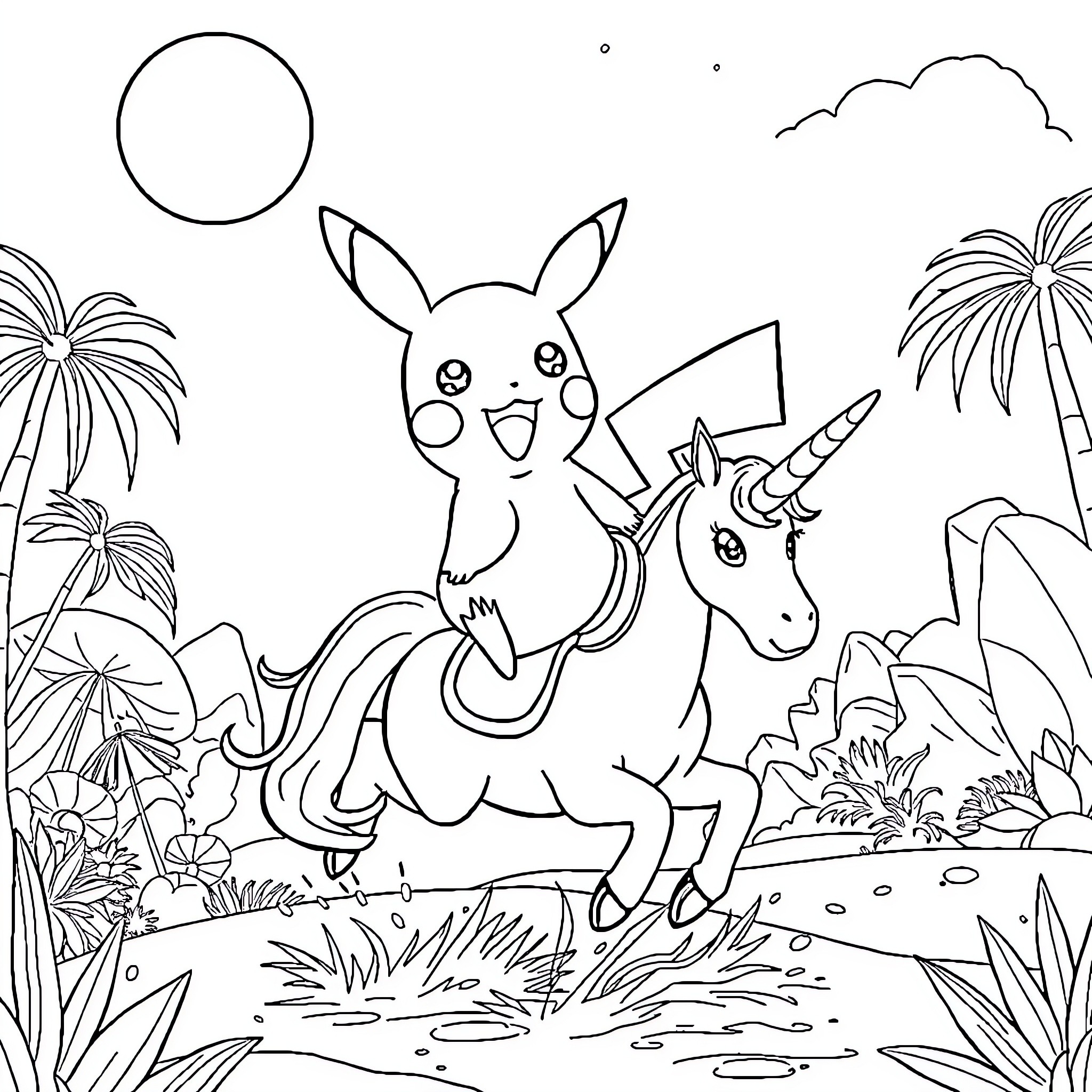 Pikachu and Unicorn Adventure in the Jungle Coloring Page (free black-and-white line drawing printable PDF for all, from beginners to advanced learners, including children, teens, adults, and seniors)