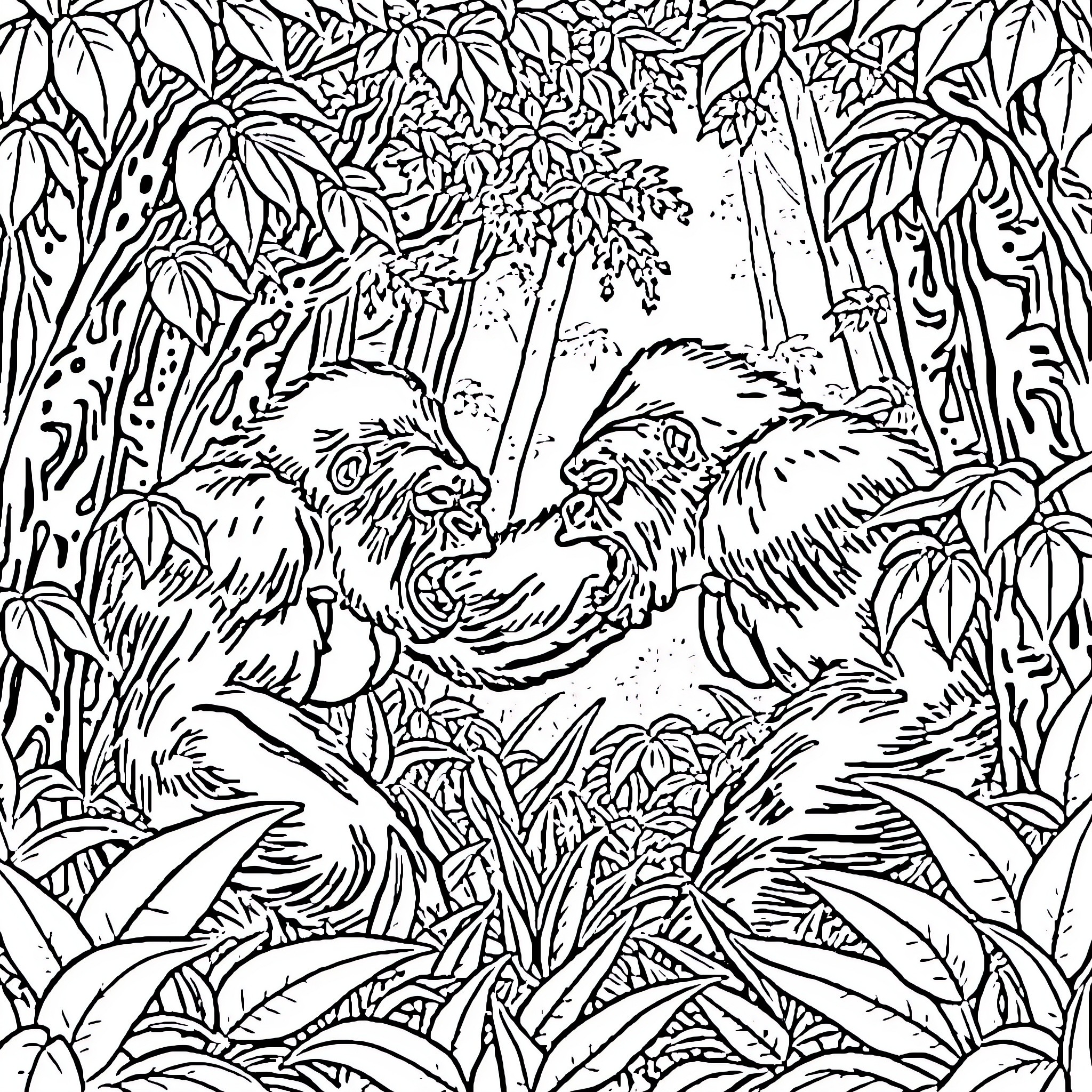 Gorillas in Lush Jungle Landscape Coloring Page (free black-and-white line drawing printable PDF for all, from beginners to advanced learners, including children, teens, adults, and seniors)