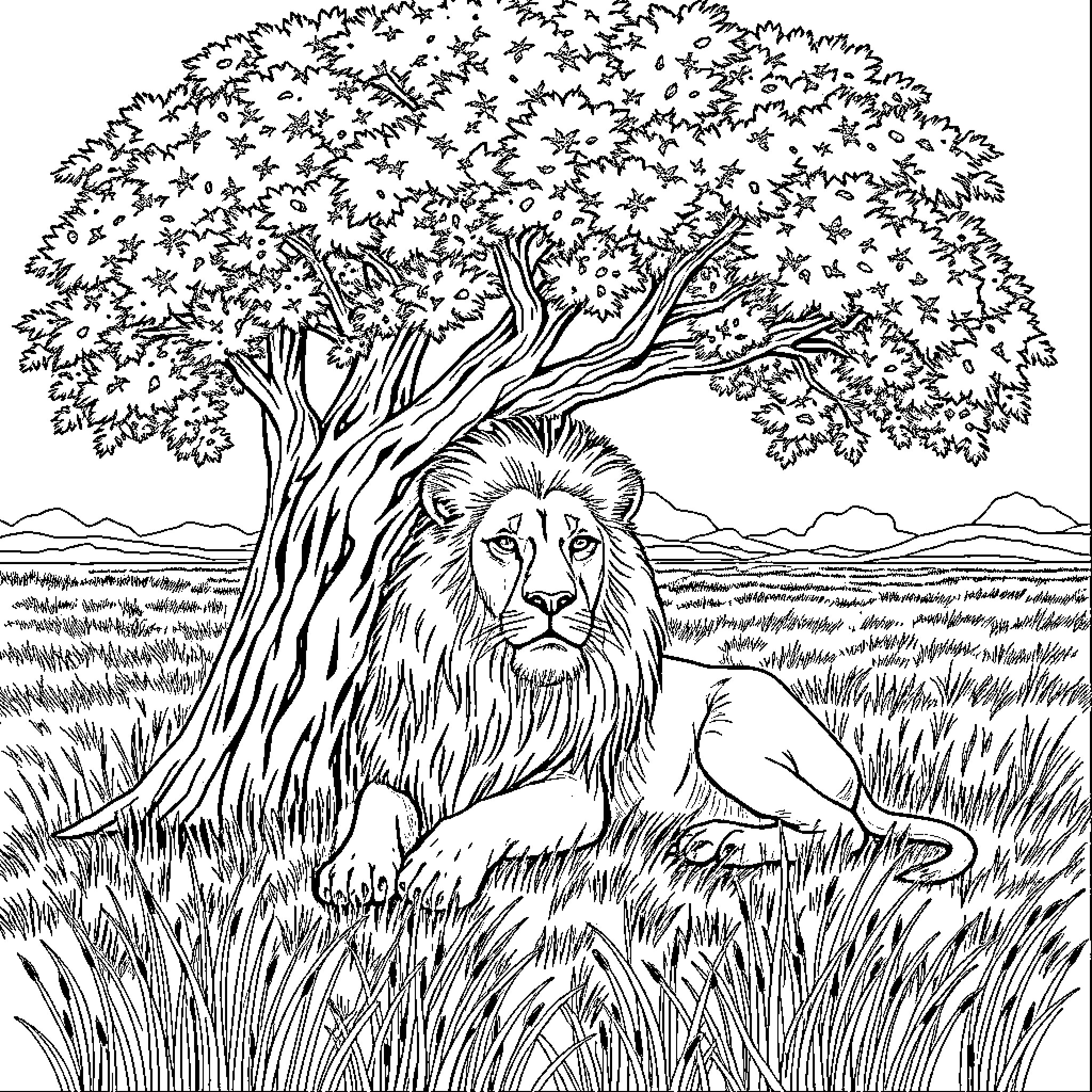 Lion resting under the shady tree Coloring Page (free black-and-white line drawing printable PDF for all, from beginners to advanced learners, including children, teens, adults, and seniors)