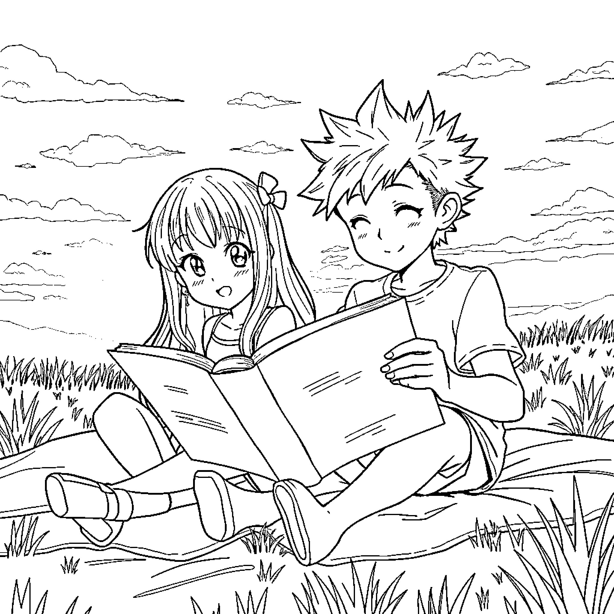 Anime Characters Reading a Book in Nature Coloring Page (free black-and-white line drawing printable PDF for all, from beginners to advanced learners, including children, teens, adults, and seniors)