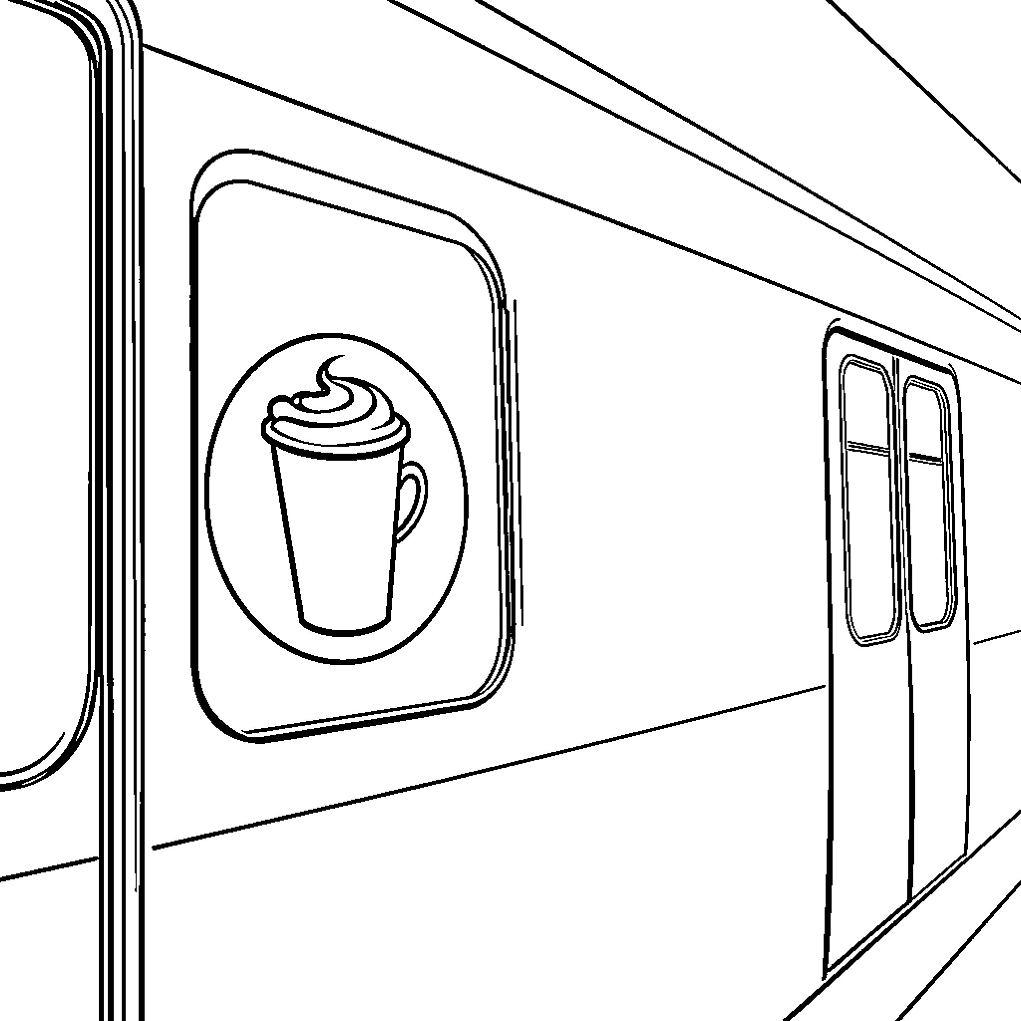 Coffee shop on the train Coloring Page (free black-and-white line drawing printable PDF for all, from beginners to advanced learners, including children, teens, adults, and seniors)