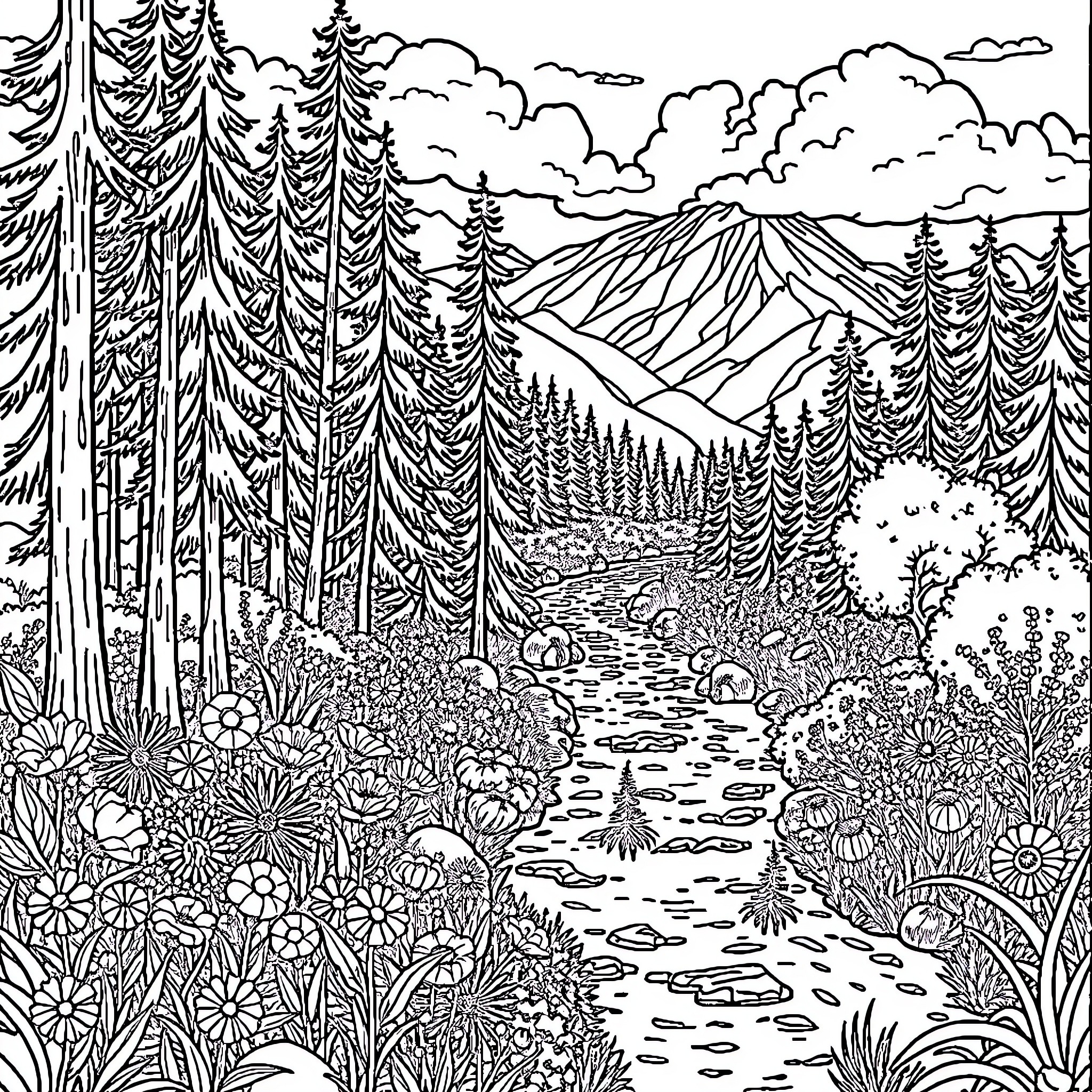 Place of scenic natural beauty with forest and mountain landscape Coloring Page (free black-and-white line drawing printable PDF for all, from beginners to advanced learners, including children, teens, adults, and seniors)