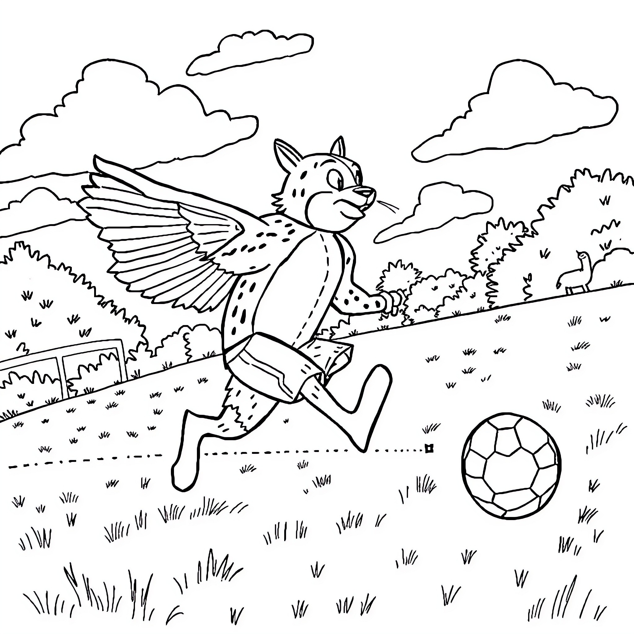 Chase a winged creature playing with a ball in the field Coloring Page (free black-and-white line drawing printable PDF for all, from beginners to advanced learners, including children, teens, adults, and seniors)