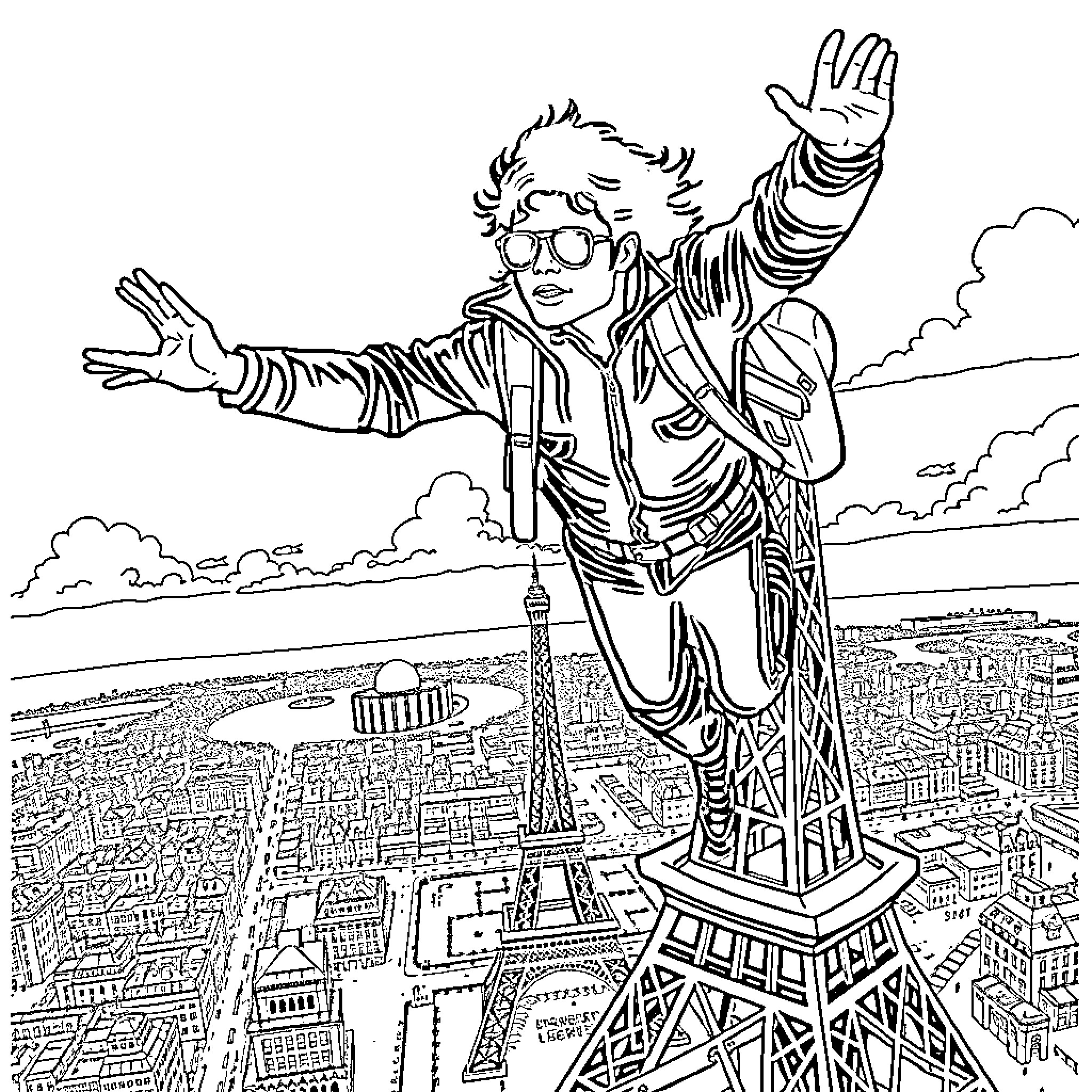 Michael Jackson soaring above the city in a dynamic pose Coloring Page (free black-and-white line drawing printable PDF for all, from beginners to advanced learners, including children, teens, adults, and seniors)