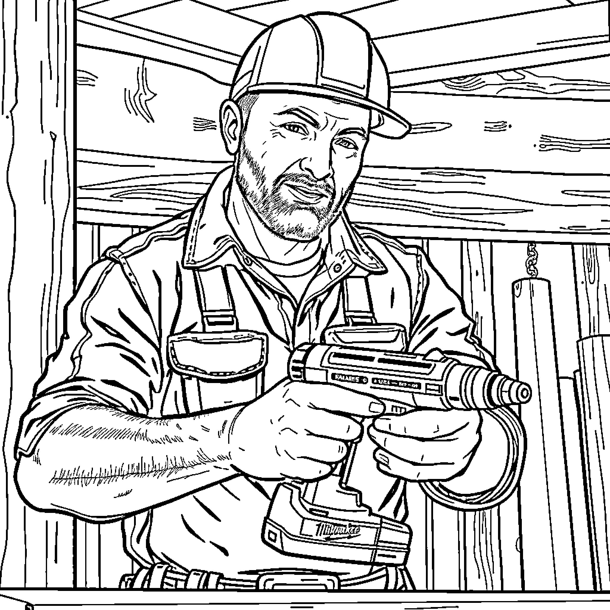 Father working with power tools in his workshop Coloring Page (free black-and-white line drawing printable PDF for all, from beginners to advanced learners, including children, teens, adults, and seniors)