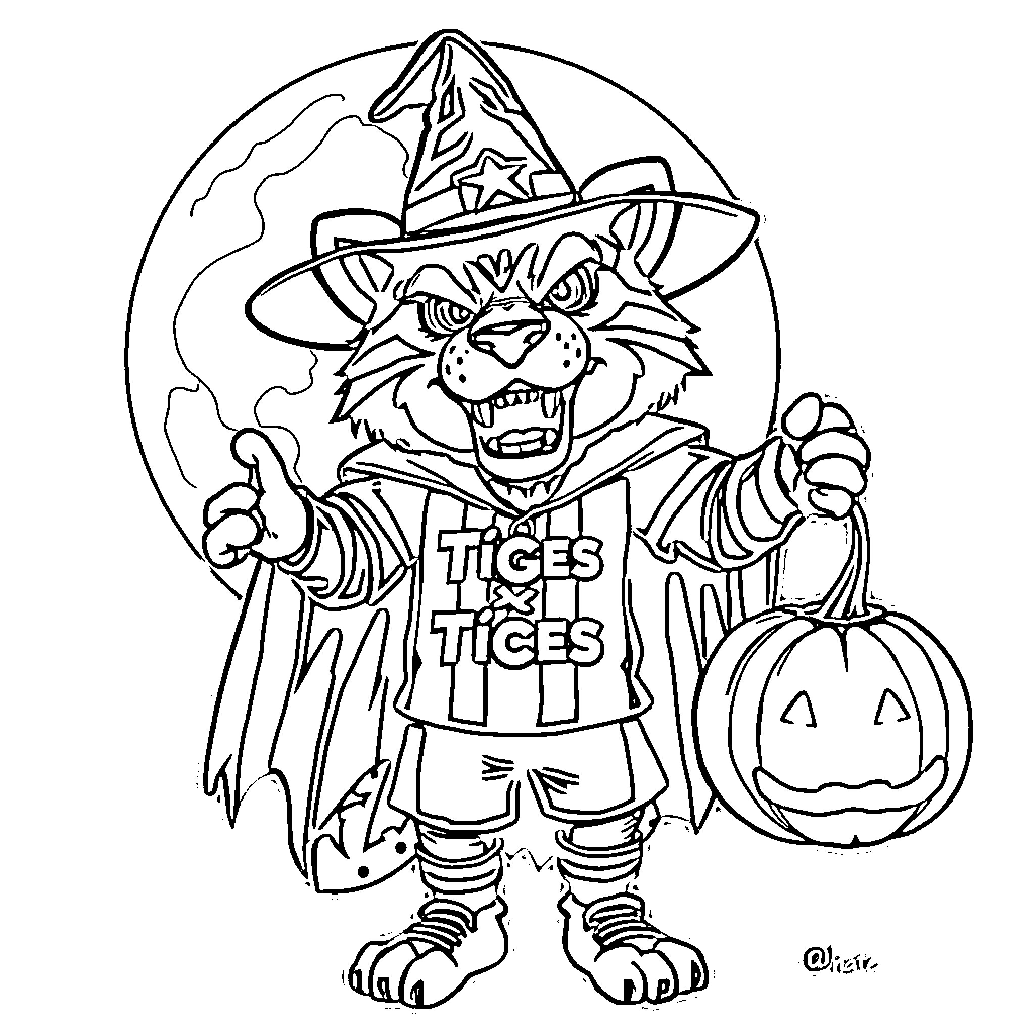 Tiger Wearing Witch Costume with Pumpkin Coloring Page (free black-and-white line drawing printable PDF for all, from beginners to advanced learners, including children, teens, adults, and seniors)