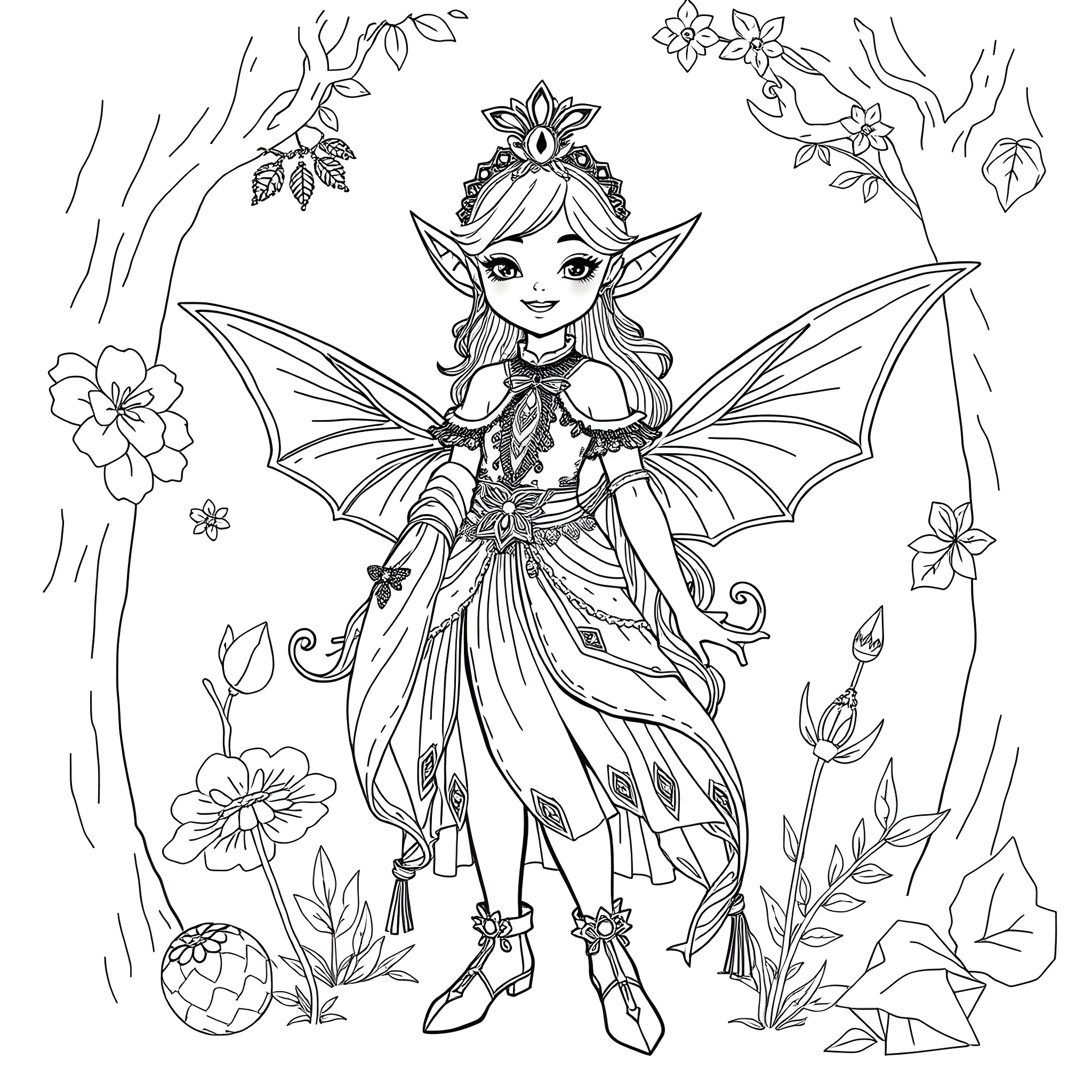 Girl in fairy costume surrounded by nature Coloring Page (free black-and-white line drawing printable PDF for all, from beginners to advanced learners, including children, teens, adults, and seniors)