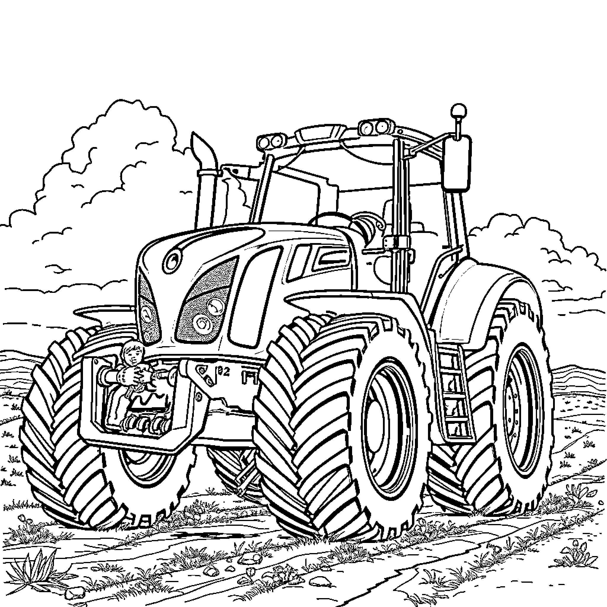 Tractor working diligently on the farmland Coloring Page (free black-and-white line drawing printable PDF for all, from beginners to advanced learners, including children, teens, adults, and seniors)